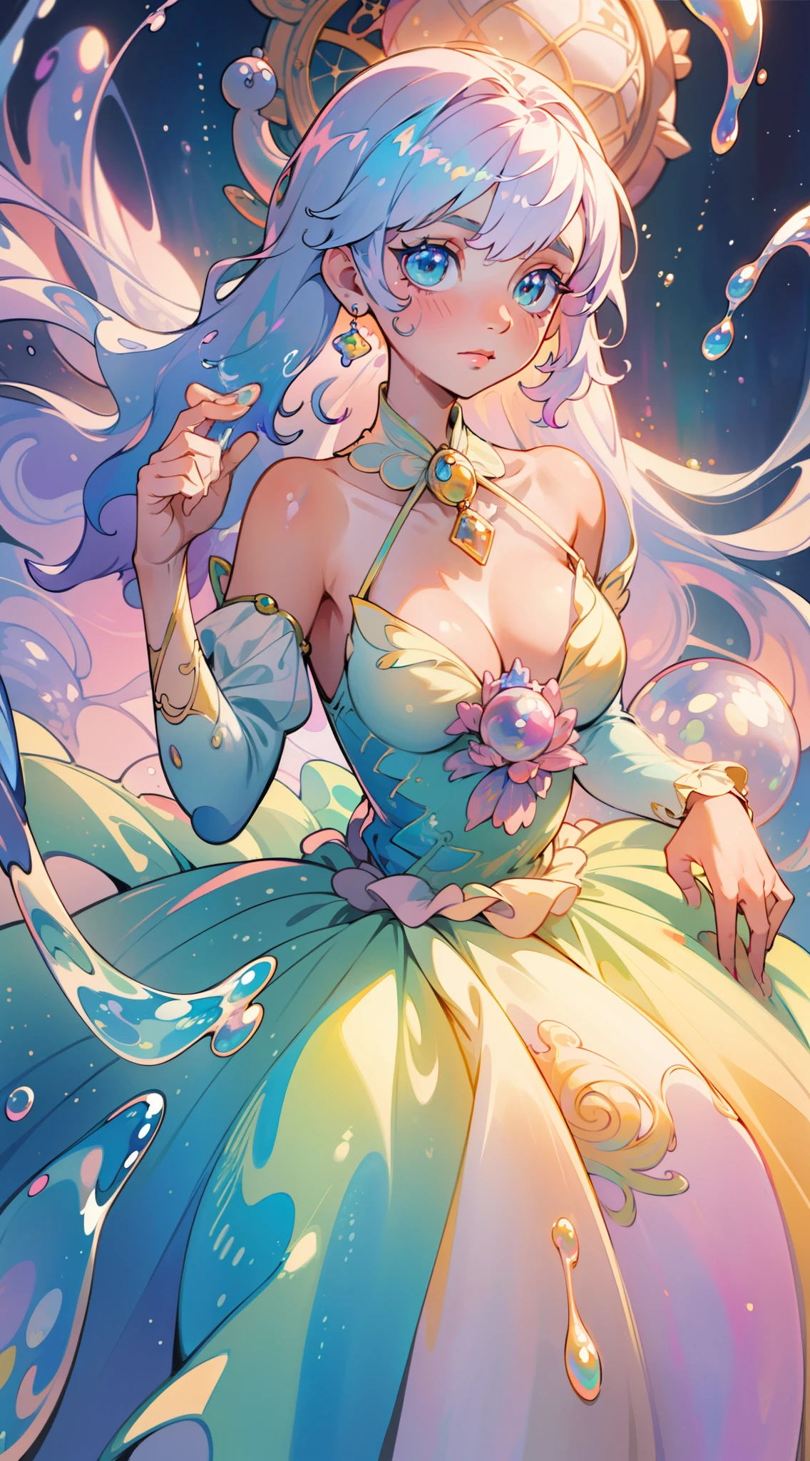 masterpiece, best quality, 8k resolution, sharp focus, intricate detail, beautiful girl, sparkling eyes, golden ratio face, otherworldly liquid, watercolor, ((pastel colors)), bright colors, whimsical, colorful, sharp focus, high resolution, fine detail, ((ballgown made of liquid)), iridescent bubbles