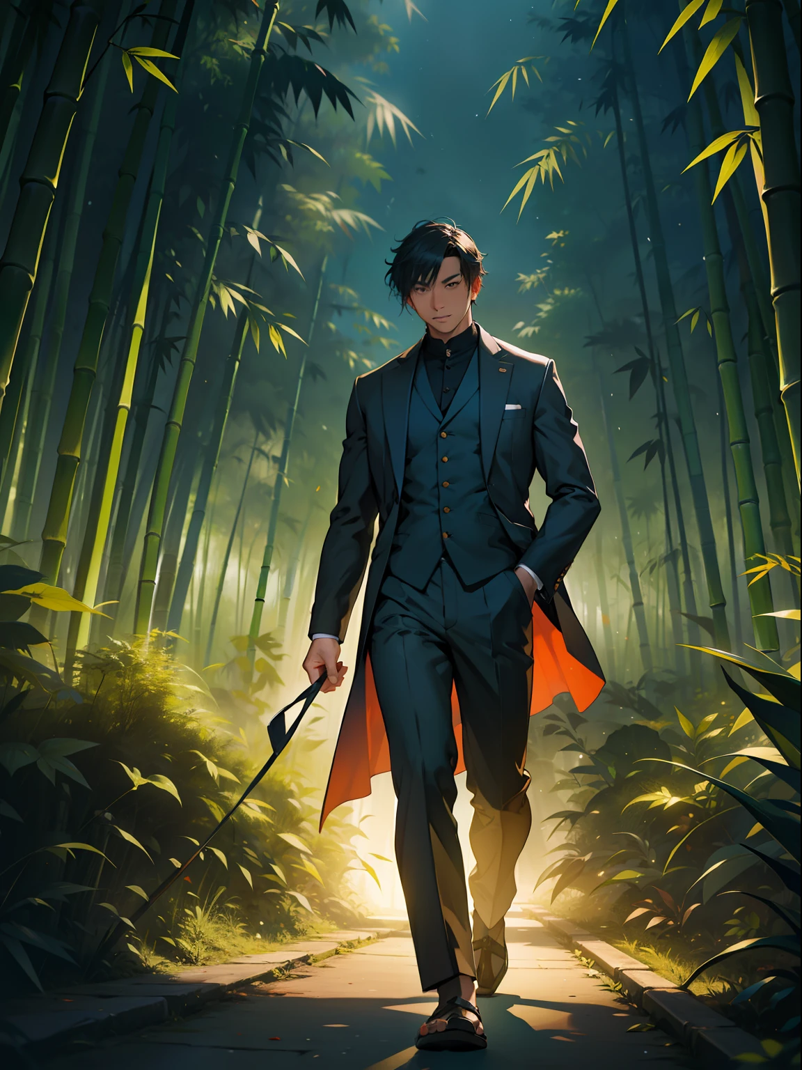 of a guy，Tang suit，short detailed hair，Books in hand，Flying，the night，outside，bamboo forrest，