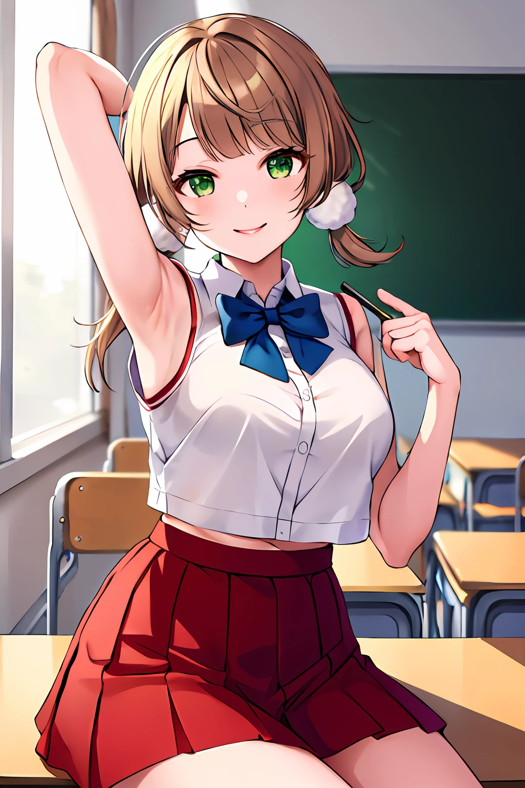 masterpiece, best quality, highres, ui2, 1girl, solo, green eyes, solo, red skirt, white shirt, low twintails, pom pom, sport bra, blue bow, pleated skirt, cowboy shot, sitting, classroom, desk, hand on table, smile, prenting armpit, arm up