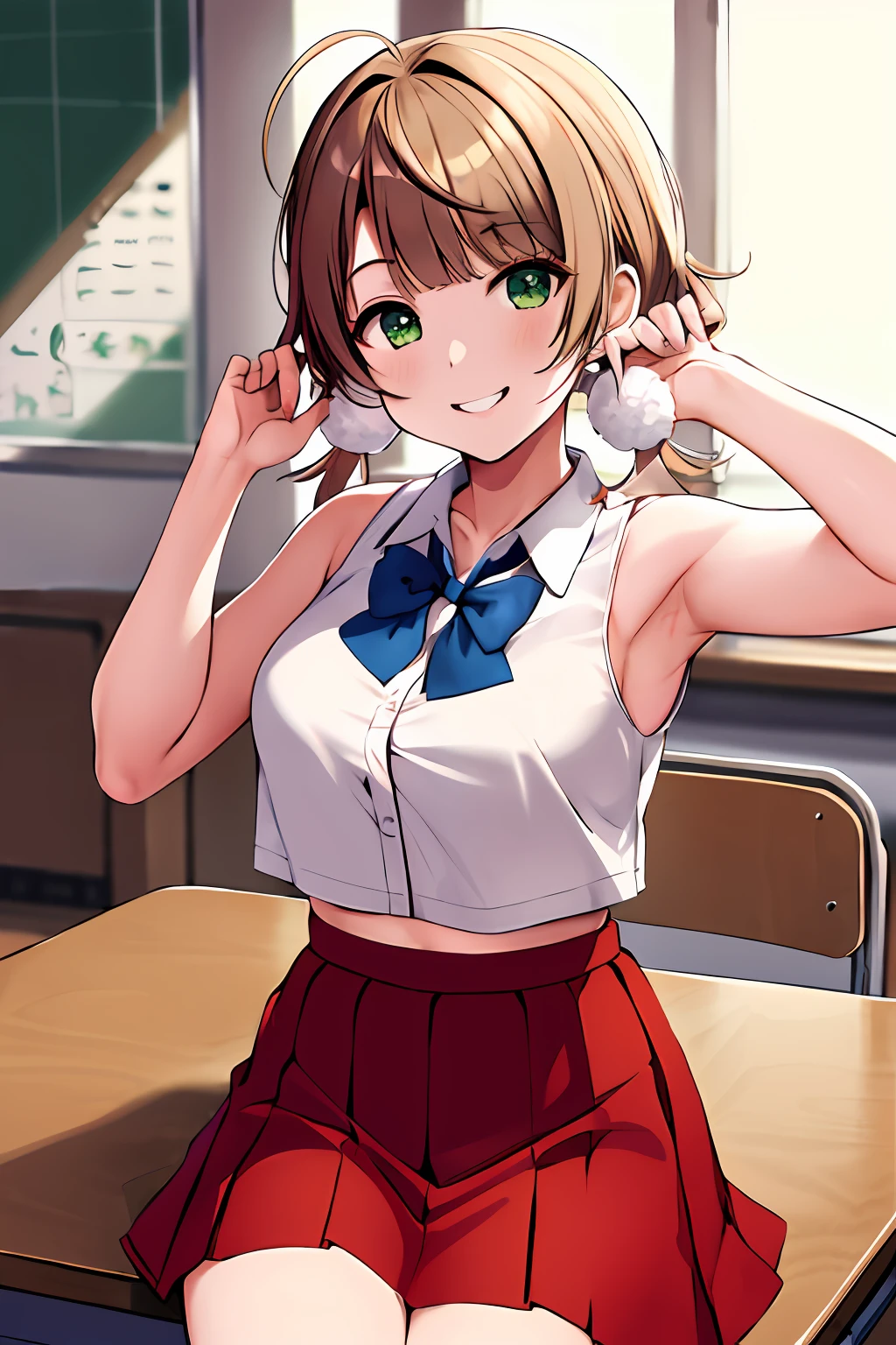 masterpiece, best quality, highres, ui2, 1girl, solo, green eyes, solo, red skirt, white shirt, low twintails, pom pom, sport bra, blue bow, pleated skirt, cowboy shot, sitting, classroom, desk, hand on table, smile, prenting armpit, arm up