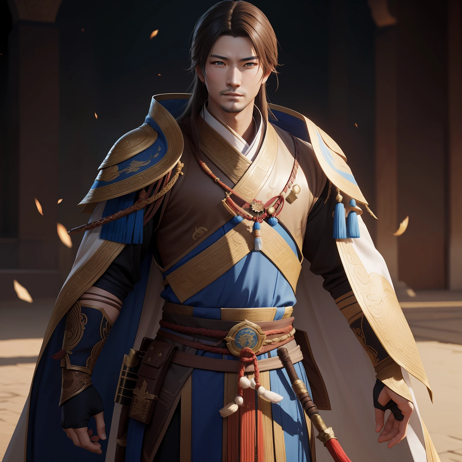 a close up of a man in his 30's, with brown eyes and brown hair, wearing a desert themed outfit, a hero in wuxia style, with brown eyes, martial artist holding a staff, standing in a chinese monastary, new costume concept design, in the style of blade and soul, full body character concept, detailed character design, inspired by Yang Jin, inspired by Li Mei-Shu, chinese costume, inspired by Lan Ying, inspired by Sim Sa-Jeong, inspired by Li Tang, lunar themed attire, costume with blue accents, inspired by Ju Lian, colored concept art, highly detailed character design, highly detailed face, inspired by Ai Xuan, very highly detailed face, unreal engine render, final fantasy 14 style, inspired by Leng Mei