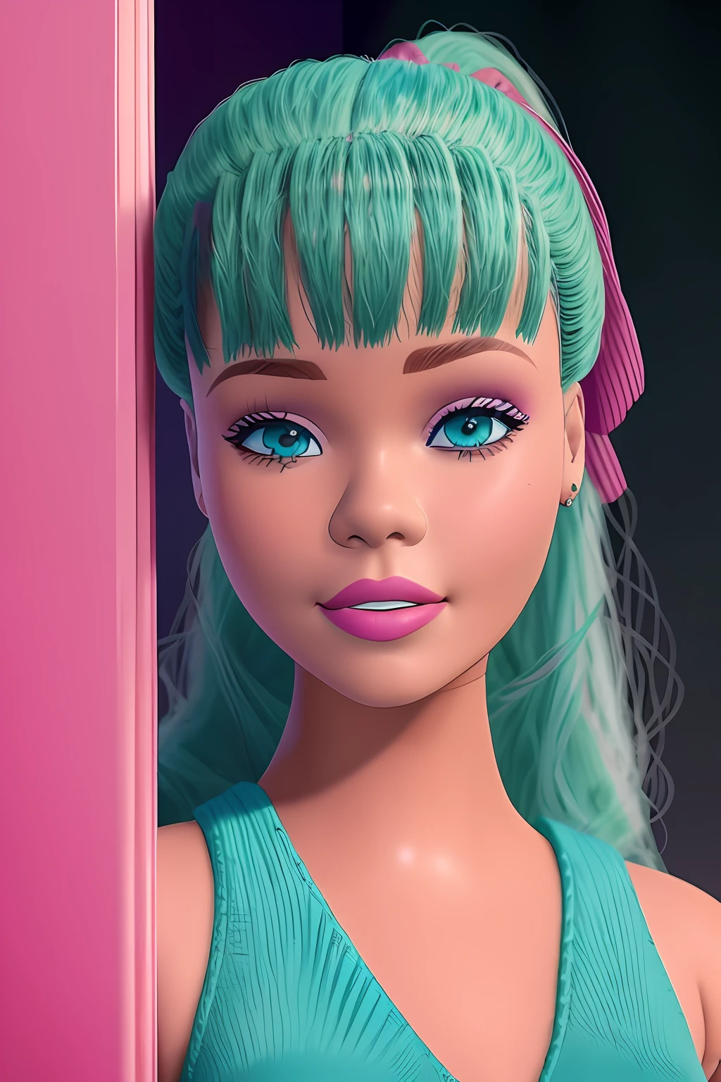 (Obra maestra, La mejor calidad), rihanna as barbie , Altas Resoluciones, (8k, Foto RAW, highest qualityr), Hiperrealista, ..3d, centrado, (TS_Barbie), Plano medio, (cuerpo completo:1.2), a cartoon girl in a blue jumpsuit and pink belt in the style of pixar, (Perfect lighting and composition:1),Soft lighting, (High detail, 8K resolution:1), HDR:0.7, Cara detallada, Perfecto, (dynamic), pose, (alta calidad:1.2), plastic skin, ((brillante:1.3)),  They are smiling, (Profundidad de campo:0.8), 50mm, Film grain:0.7, fujifilmXT3, Cara de enfoque, (triste:1.2), Mirando al espectador, ojos detallados, Cara detallada, particles floating, analog style, Beautiful, maquillaje ligero, lipstick, (cintura y muslos gruesos:0.6), amazing composition