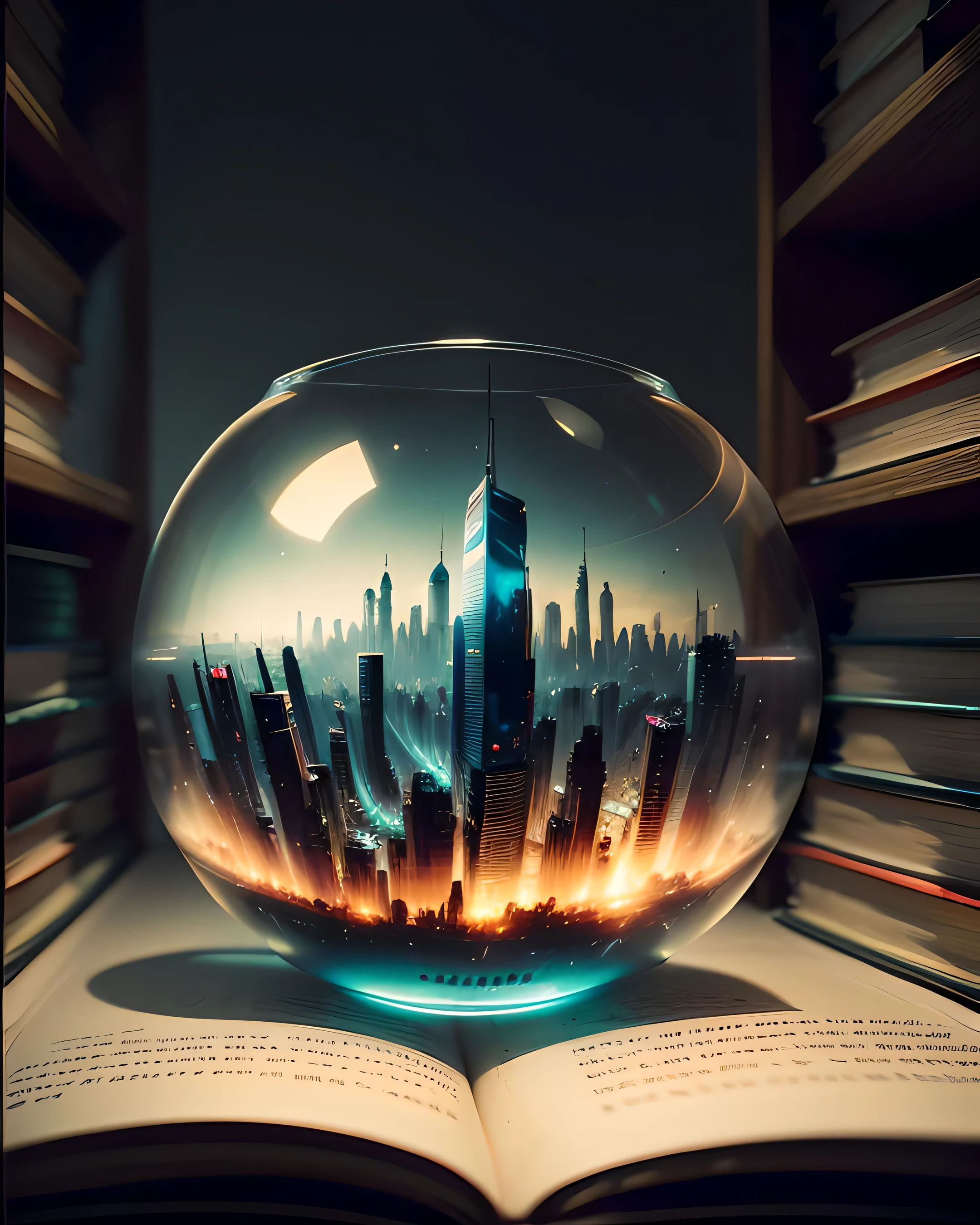mini\(ttp\), (8k, RAW photo, best quality, masterpiece:1.2), ((miniature futuristic city skyline in a glass bowl sitting on old books)), out of focus book case,