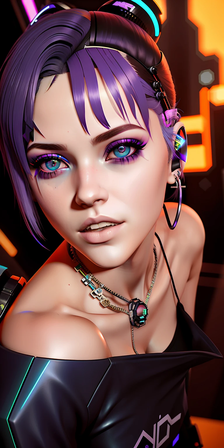 There is a woman with purple hair and blue eyes posing, estilo cyberpunk hiper-realista, arte cyberpunk ultrarrealista 8k, menina cyberpunk sonhadora, estilo de arte realista, estilo de arte cyberpunk, estilo cyberpunk ， hiper-realista, cyberpunk vibes, estilo de arte fotorrealista, O retrato da menina cyberpunk, cara bonita da menina cyberpunk, Ilya Kuvshinov. 4 mil, 8k portrait render