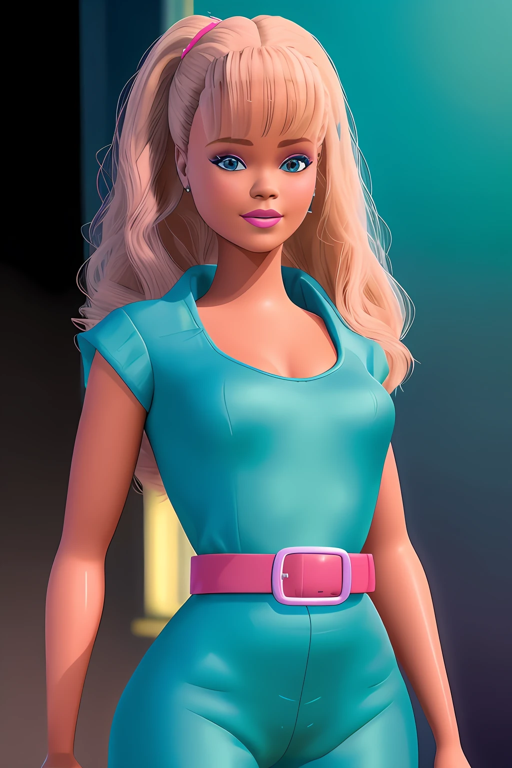 (obra maestra, La mejor calidad), (Rihanna como Barbie), (rihanna face:1.2), Rihanna, blonde hair , Altas Resoluciones, (8k, foto RAW, highest qualityr), hiperrealista, ....3d, centrado, (TS_Barbie), Plano medio, (cuerpo completo:1.2), a cartoon girl in a blue jumpsuit and pink belt in the style of pixar, (Perfect lighting and composition:1),Soft lighting, (High detail, 8K resolution:1), HDR:0.7, Cara detallada, perfecto, (dynamic), pose, (alta calidad:1.2), plastic skin, ((brillante:1.3)), They are smiling, (profundidad de campo:0.8), 50mm, Film grain:0.7, fujifilmXT3, Cara de enfoque, (triste:1.2), mirando al espectador, ojos detallados, Cara detallada, particles floating, analog style, Beautiful, maquillaje ligero, lipstick, (cintura y muslos gruesos:0.6), amazing composition