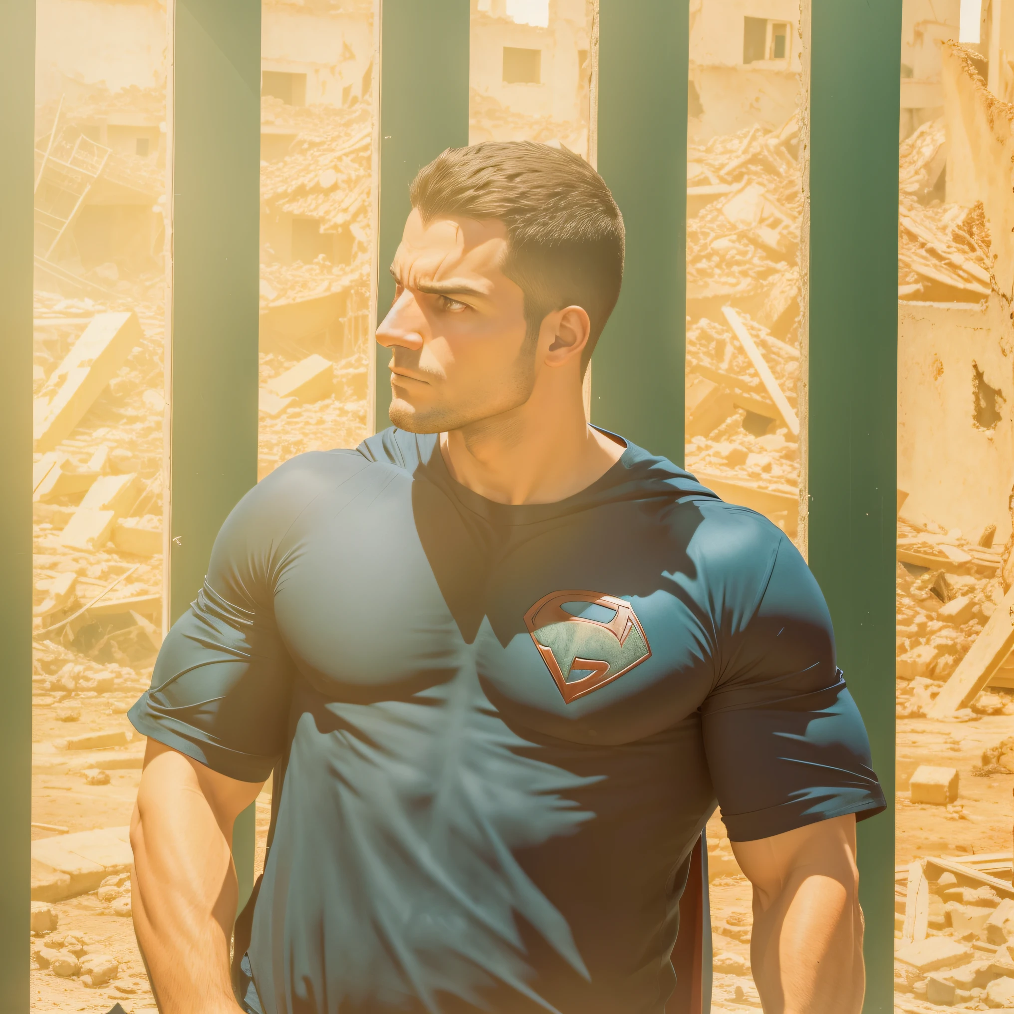 Superhero waiting in destroyed building, olhando para o lado. rosto alta qualidade, detalhado.