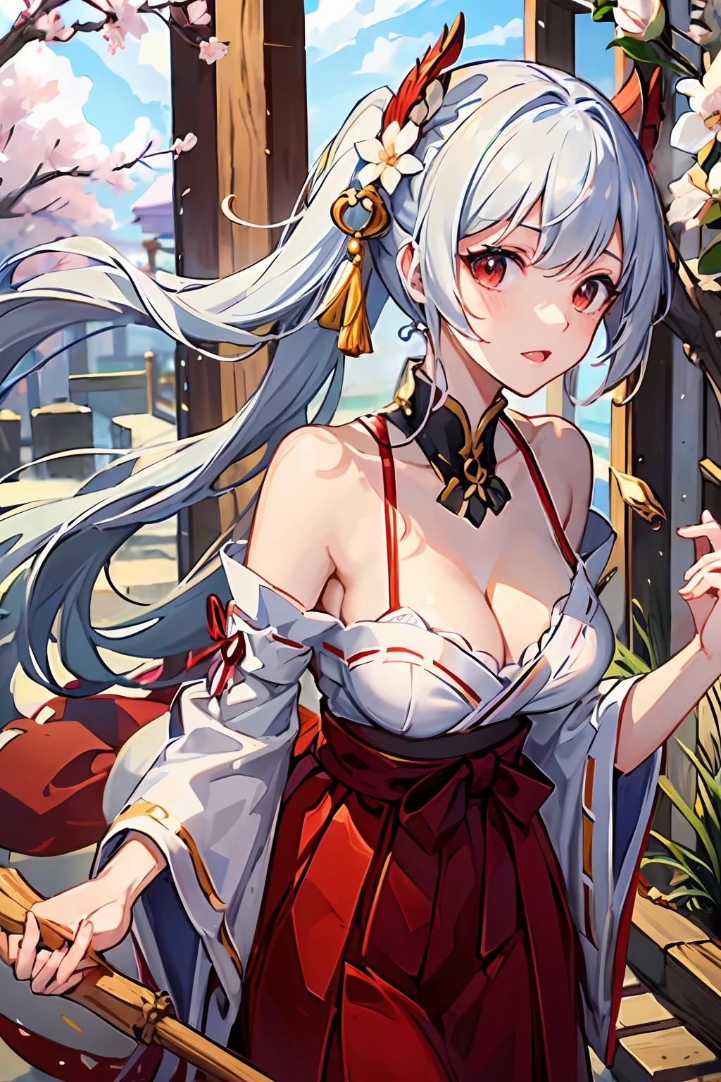 (masterpiece、top-quality、ultra-detailliert、rays of sunshine、电影灯光)、(Japan Anime、)、(Famous idol girls of Japan、)、(goddess of Japan、shrine maiden、White and red priestess costume、Red Hakama、)、(dishevled hair、white short hair、poneyTail、Cherry Blossom Hair Ornament、hair pin、)、Holding a bamboo broom、Look at viewers、A beautiful face that captivates the viewer、(Background of the precincts、)、Stand on pebbled ground、Floating hair、bending forward、large full breasts、Beautiful breast slip、Shiny skin、the wind、beautifull hands、Beautiful Finger、An elaborate masterpiece、Intricate details、A detailed face、Detailed hair、Detailed red mouth、