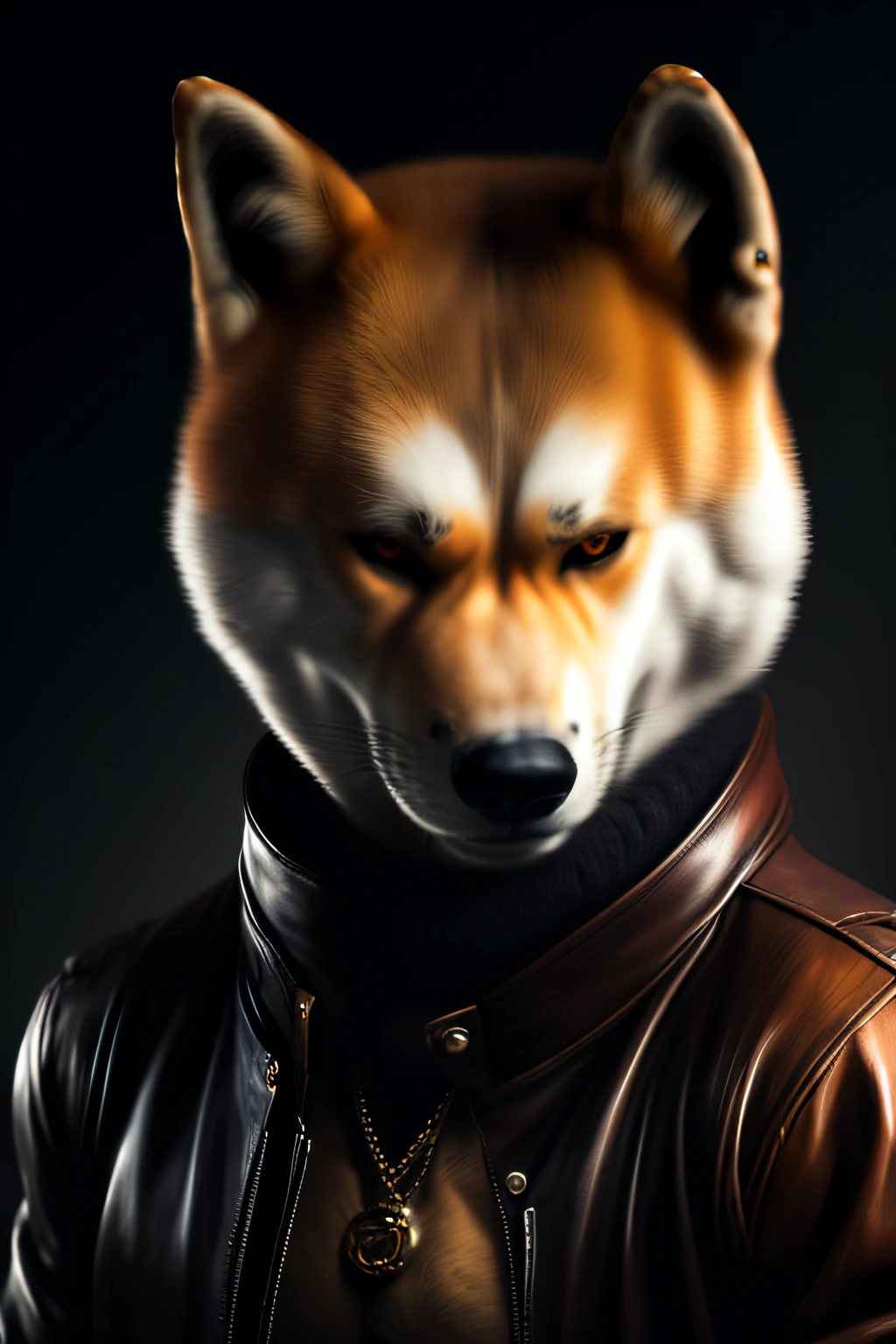 Gangster theme, there is a Akita-Inu wearing a leather jacket, male, muscular, steampunk Akita Inu, wojtek fus, hyperdetailed fantasy character, furry character portrait, the style of wlop, intricate wlop, inspired by WLOP, stunning character art, art of wlop and greg rutkowski, Artstation contest winner, highly realistic concept art, wlop and ross tran,