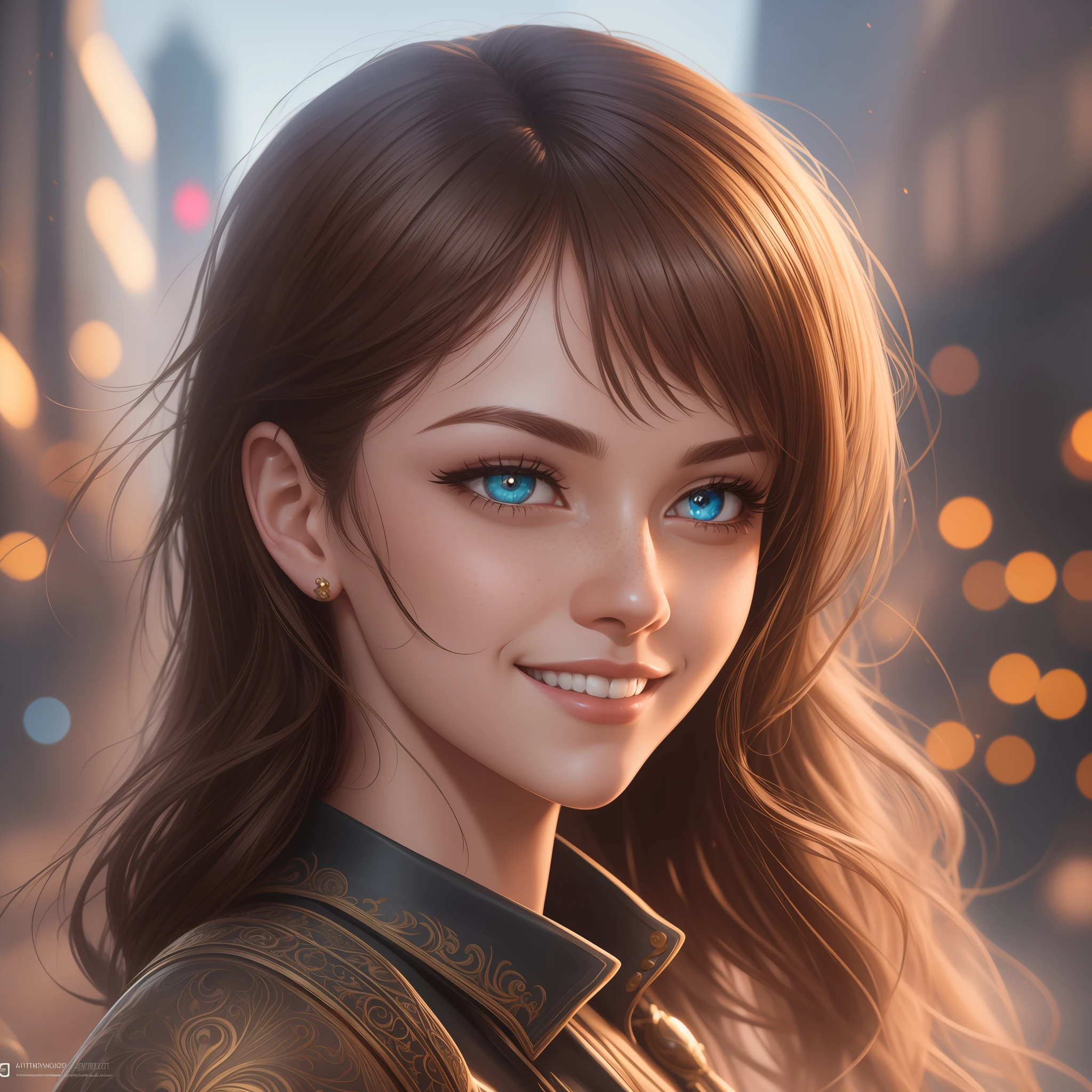 hyper realistic, ultra detailed photograph of a woman, smiling, shiny, spotlight, fractal details, depth of field, HOF, hall of fame, detailed gorgeous face, realistic environment, natural body posture, professional photographer, captured with professional DSLR camera, trending on Artstation, 64k, ultra detailed, ultra accurate detailed, bokeh lighting, surrealism, vintage, retro, vector art, Thomas Kinkade background, urban, ultra unreal engine, WLOP, Pauline Voß, Pascal Quidault, , Christian Schob, Martina Fackova, intricate, epic, freckles, peach fuzz, detailed mascara