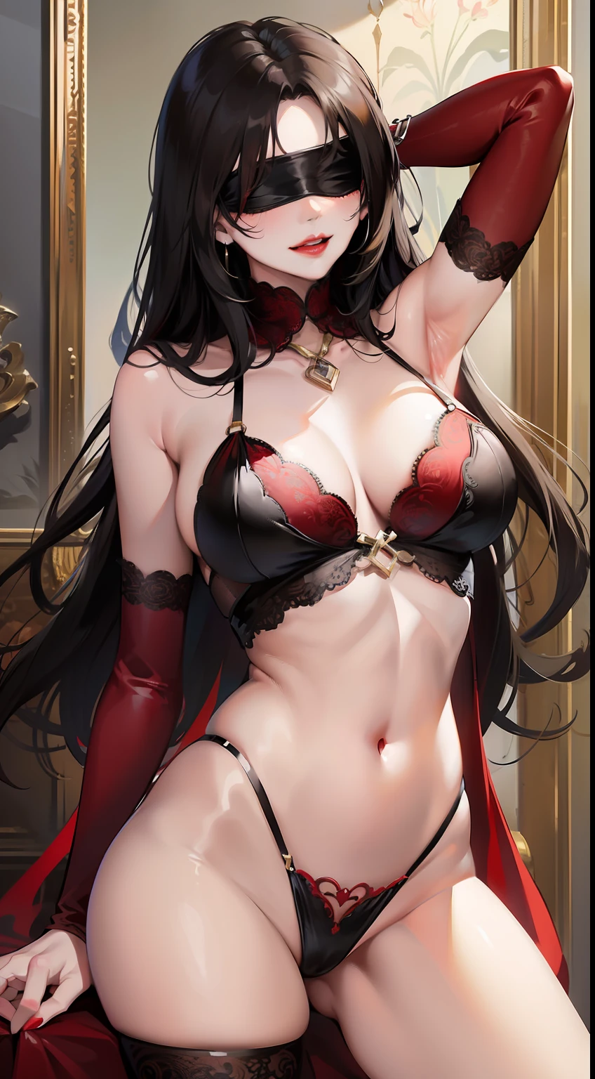 Adult woman, Long black hair, covered eyes, blindfold, Rich red dress, open breasts, open belly, erotic posture, red lipstick, smirk, Masterpiece, hiquality
