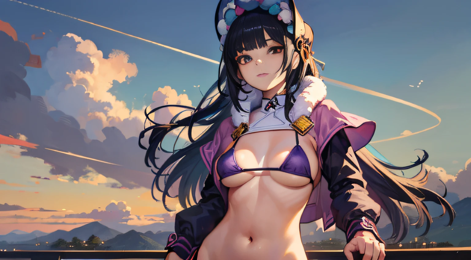 (NSTDA.:1.2), (10, beste-Qualit, master-piece: 1.4), ultra-high resolution, (lifelike, photorealistic portrait: 1.48), 25 years old, Cute Girl, (See through the microcolor bikini beetle:1.48), Famous Japanese actors, (hair over one eye:1.3), Blue Eyes, Head tilt, cowboy shot, from the side, looking at the audience, expressionless, Beautiful lake, Zeiss 150mm F/ 2.8 Hasselblad, Whole body, foot, Ultra-Wide Angle