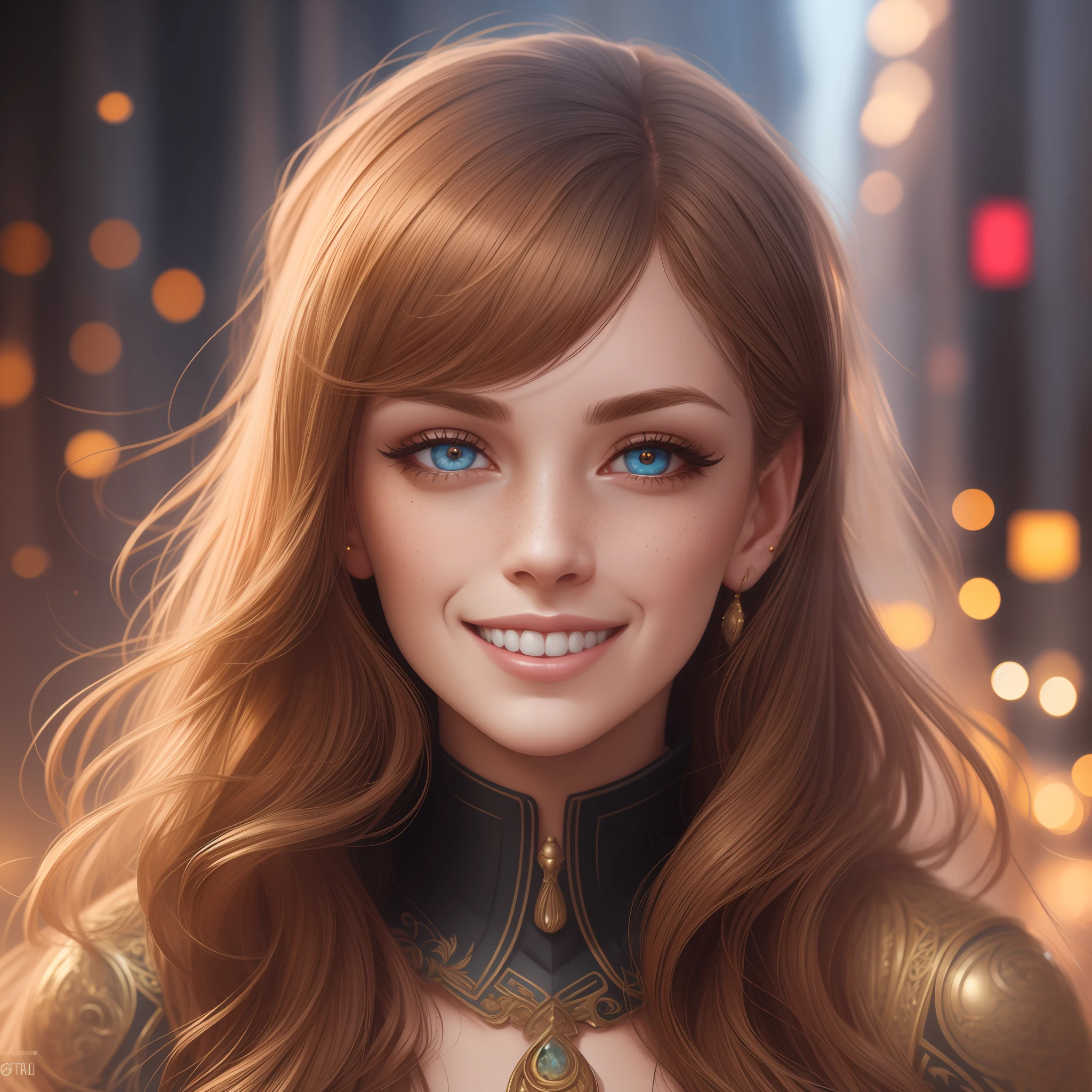hyper realistic, ultra detailed photograph of a woman, smiling,  shiny, spotlight, fractal details, depth of field, HOF, hall of fame, detailed gorgeous face, realistic environment, natural body posture, professional photographer, captured with professional DSLR camera, trending on Artstation, 64k, ultra detailed, ultra accurate detailed, bokeh lighting, surrealism, vintage, retro, vector art, Thomas Kinkade background, urban, ultra unreal engine, WLOP, Pauline Voß, Pascal Quidault, , Christian Schob, Martina Fackova, intricate, epic, freckles, peach fuzz, detailed mascara