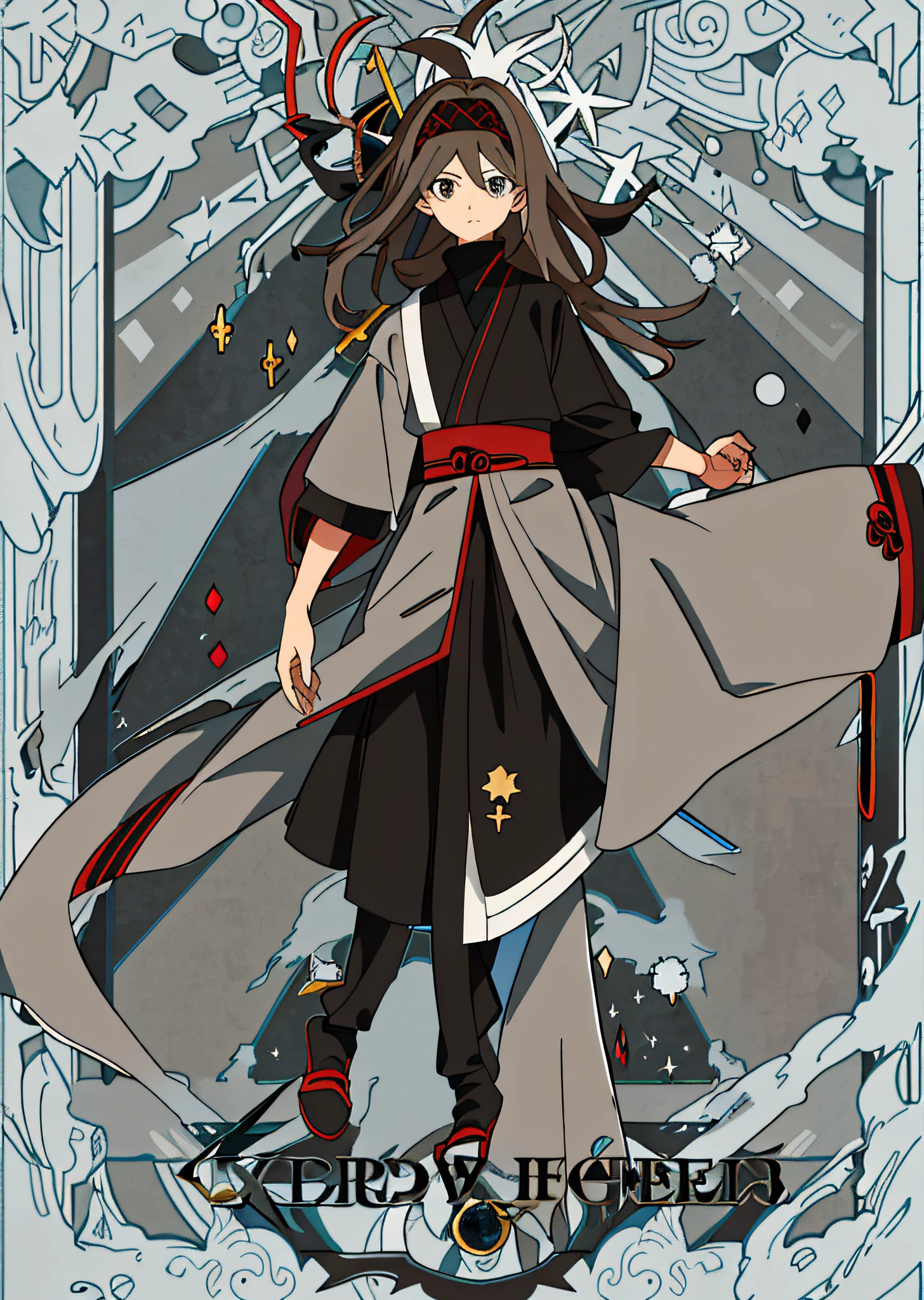 Long gray-brown hair,Wear a doctor's gown,Modern style clothing,high-tech feel,He wears a black headband on his head,Looks stunned,A fusion of the Dragon King ninja Goto art style and the Ogura Yuki shoujo style,Present the mysterious wind of tarot cards,Represent justice in tarot cards,It's girls,Girls