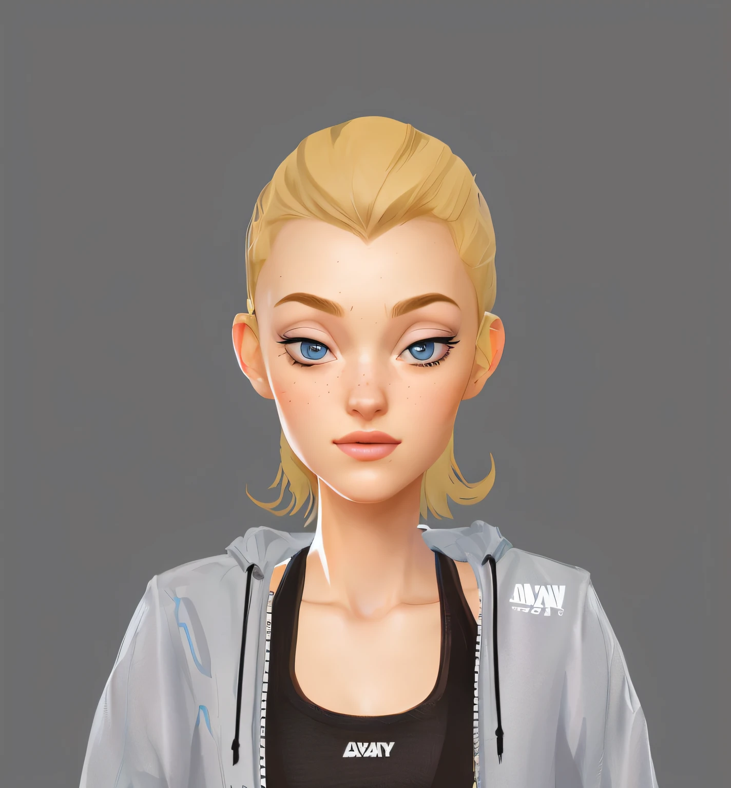 Woman with blonde hair,Blue eyes and gray jacket and hoodie, highly detailed character, upper body 2d game avatar, highy detailed face, digital character illustration, character concept portrait of me, close up character, Highly detailed character design, digital character painting, upper body avatar, unrealistic character concept, glossy digital painting, high detail iconic character, realistic character concept