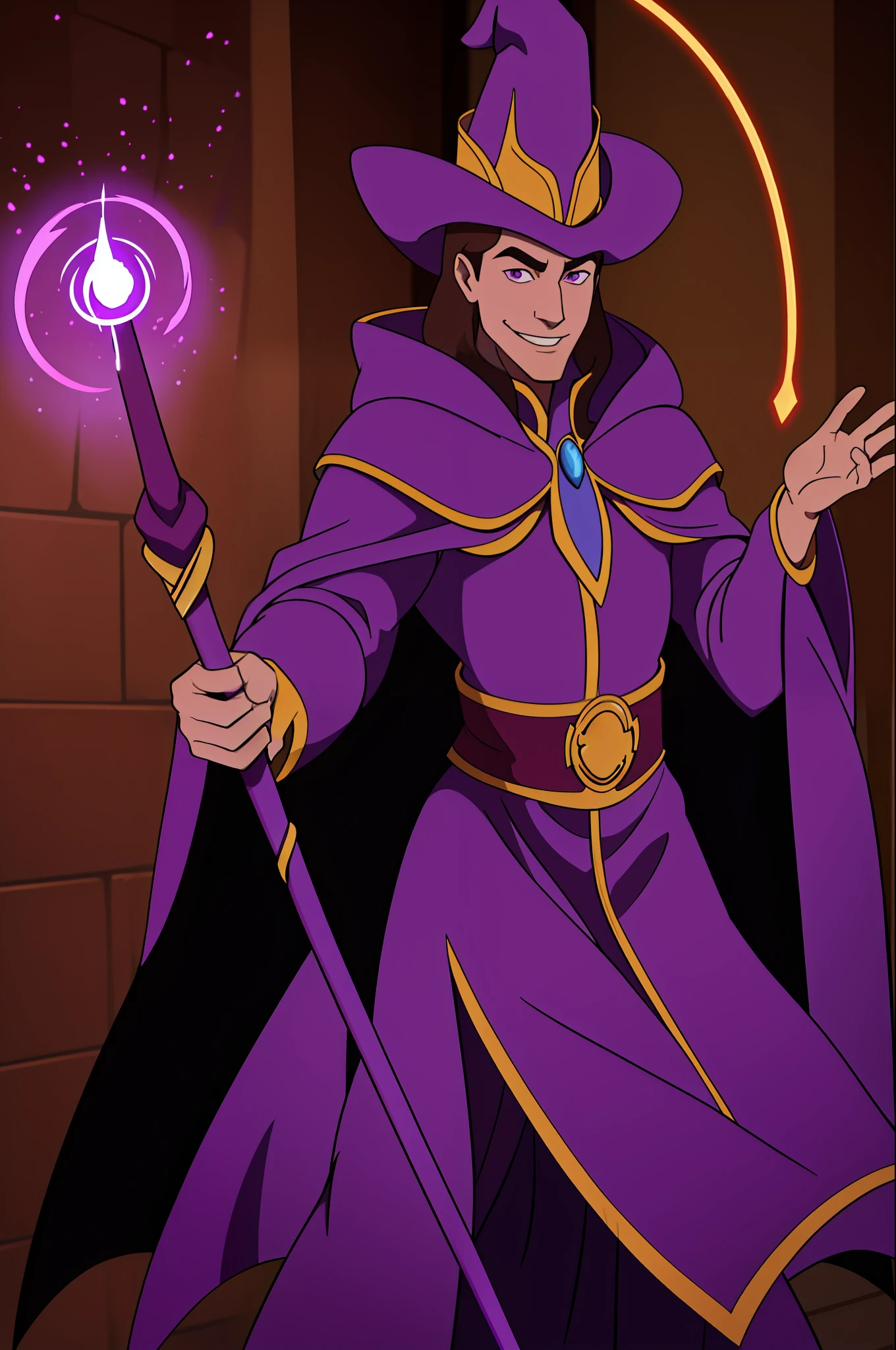 An incredibly handsome smiling wizard wearing a tall hat and a purple cape, holding a magic staff while conjuring a powerful spell.