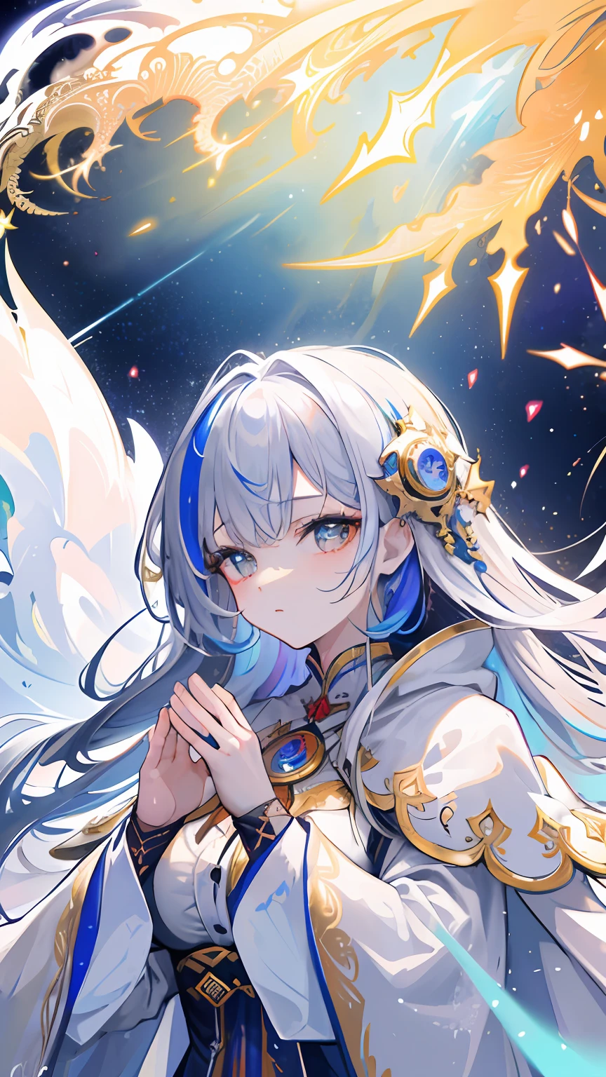 (masterpiece, top quality, best quality, official art, beautiful and aesthetic:1.2), (1girl), extreme detailed, (fractal art:1.3), colorful, highest detailed, perfect face, upper body, HDR, (praying:1.3), (white cloak golden lines:1.2), galaxy, (light streaks), striking visuals, (dynamic streaks, luminous trails:1.2), vibrant colors,