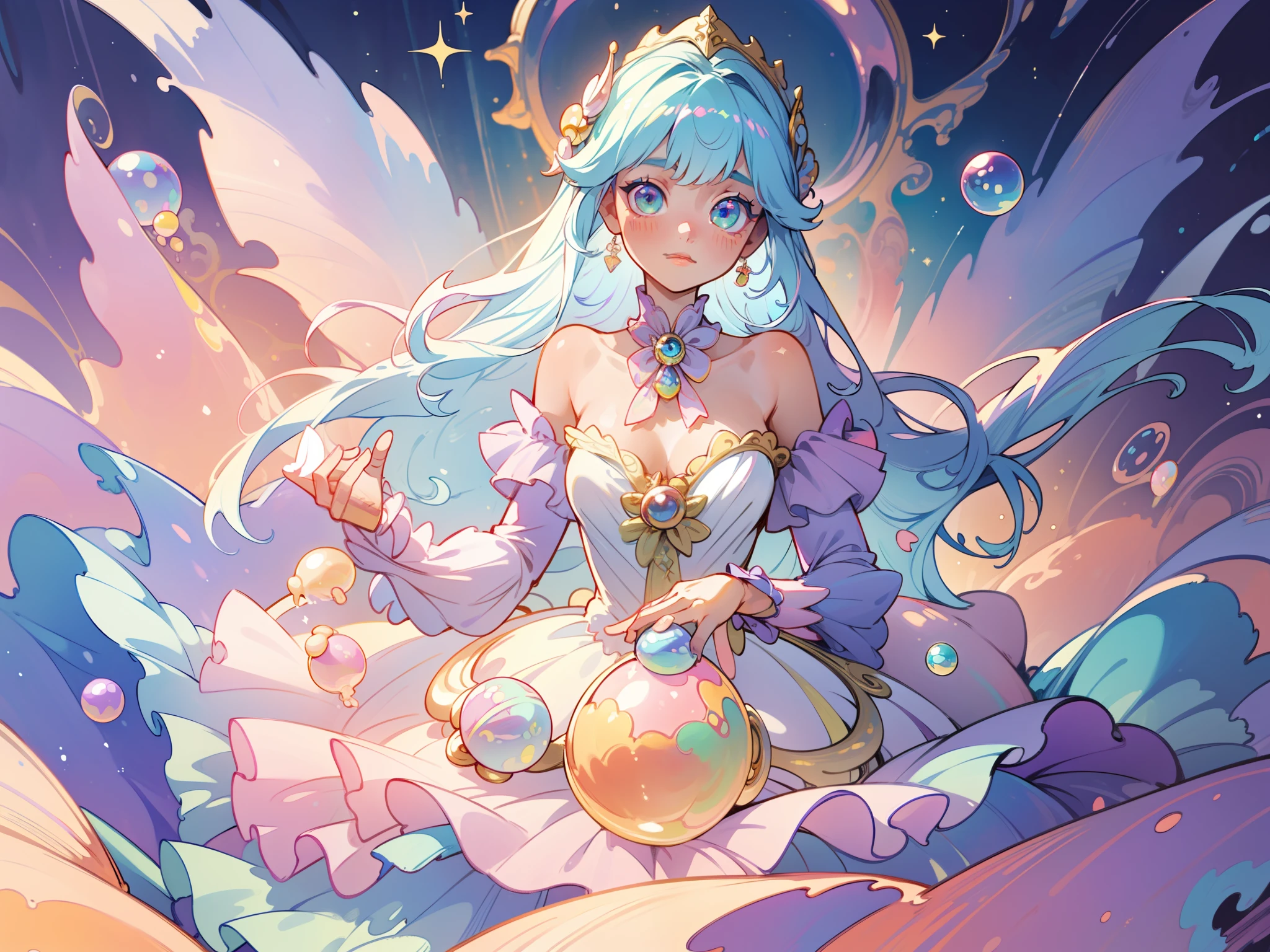 masterpiece, best quality, 8k resolution, sharp focus, intricate detail, beautiful girl, sparkling eyes, golden ratio face, otherworldly liquid, watercolor, ((pastel colors)), bright colors, whimsical, colorful, sharp focus, high resolution, fine detail, ((layered ballgown)), iridescent bubbles