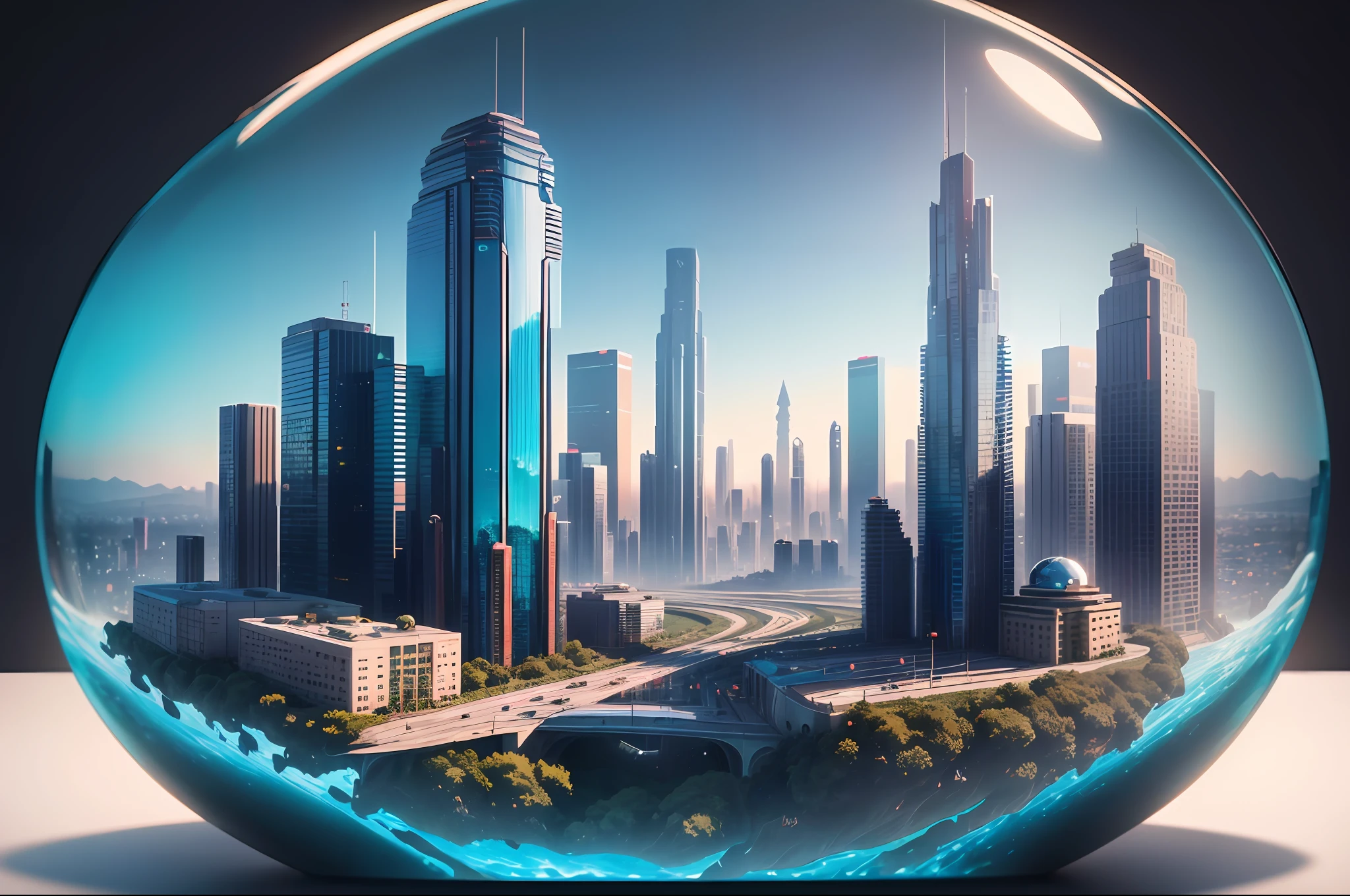 mini\(ttp\), (8k, RAW photo, best quality, masterpiece:1.2), cyberpunk city, miniature, landscape, isometric, ((inside a glass sphere)), ((plain wall in the background))