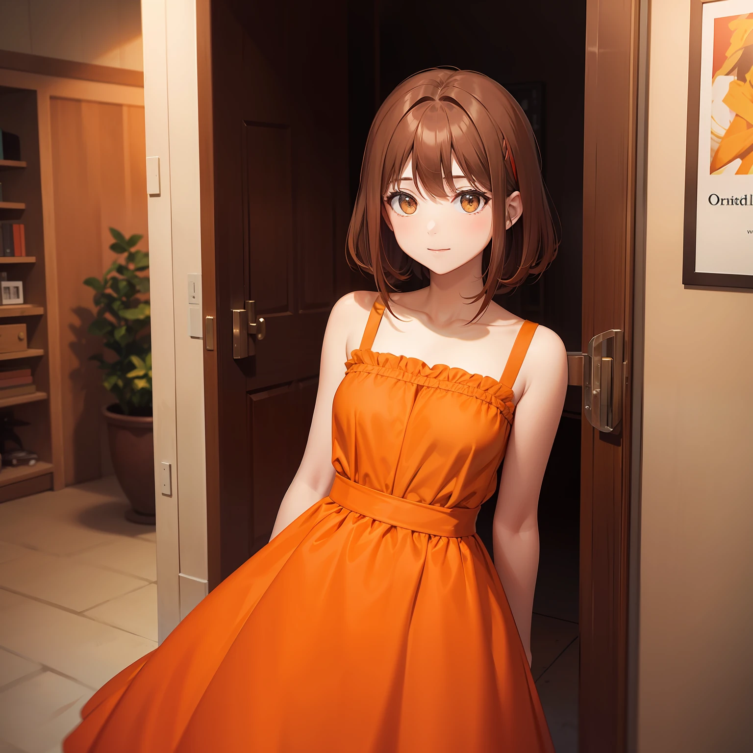 Orange dress,Shoulder-length hair,Cold,brunette color hair