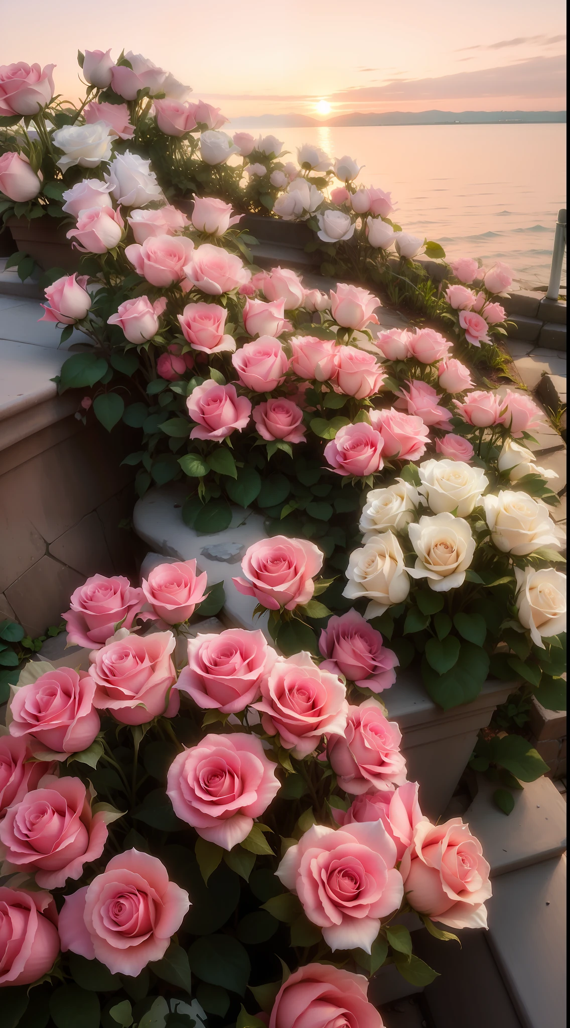 The flowers grow on the steps of buildings near the water's edge, rosses, with frozen flowers around her, beautiful aesthetic, rosette, Beautiful image, Beautiful and aesthetic, beutifull, red roses at the top, Beautiful flowers, roses in cinematic light, big breasts beautiful, with soft pink colors, very very beautiful, Incredibly beautiful, decorative roses, white and pink