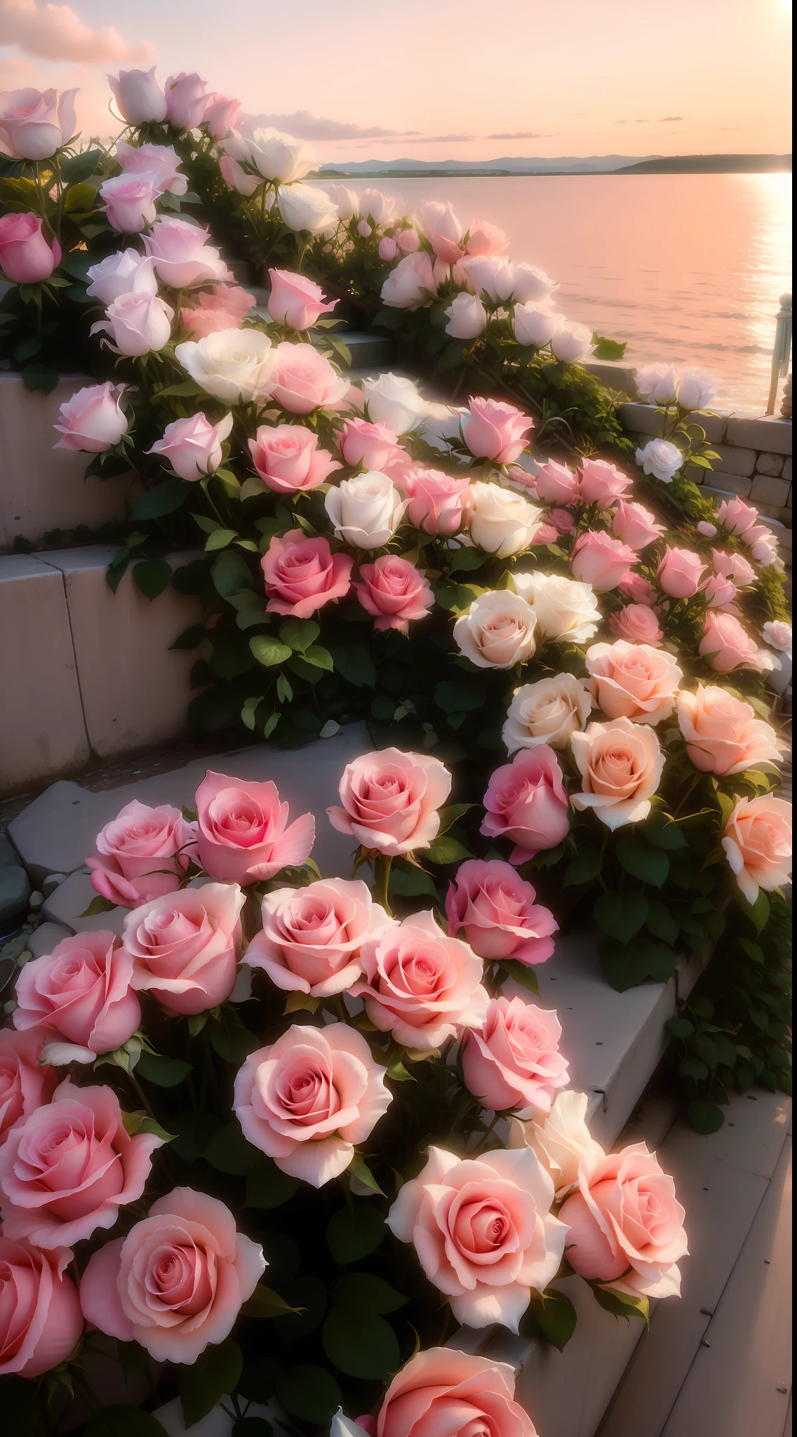 The flowers grow on the steps of buildings near the water's edge, rosses, with frozen flowers around her, beautiful aesthetic, rosette, Beautiful image, Beautiful and aesthetic, beutifull, red roses at the top, Beautiful flowers, roses in cinematic light, big breasts beautiful, with soft pink colors, very very beautiful, Incredibly beautiful, decorative roses, white and pink