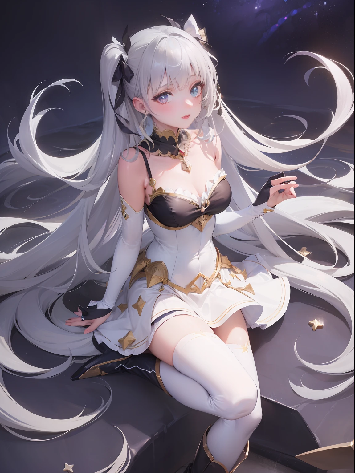 ((magical little girl)), ((Gorgeous starry sky background)), ((Ultra-detailed)), ((Best Illustration)), ((Cinematic lighting)), Dynamic Angle, Floating, finely detailed, (glitters:1.2), (Sparkle:1.2), (Shine:1.2), classic, (Painting:1.1), (Sketch:1.1), (Best quality), (Masterpiece:1.2), (Anime style), (Solo), Beautiful detailed face, (Cute face:1.3), (Big eyes:1.3), Colorful hair, (Long hair:1.2), (Floating hair:1.2), (magical girl outfit), detailed outfits, (Sparkling wand:1.3), (Magical effect:1.3), (Flowing skirt:1.2), (Cute boots:1.1), (Transparent fabric:1.1), (Twinkle:1.2), (Glow:1.2), (Radiance:1.2), (Flicker:1.2), (Dazzle:1.2),blackstockings