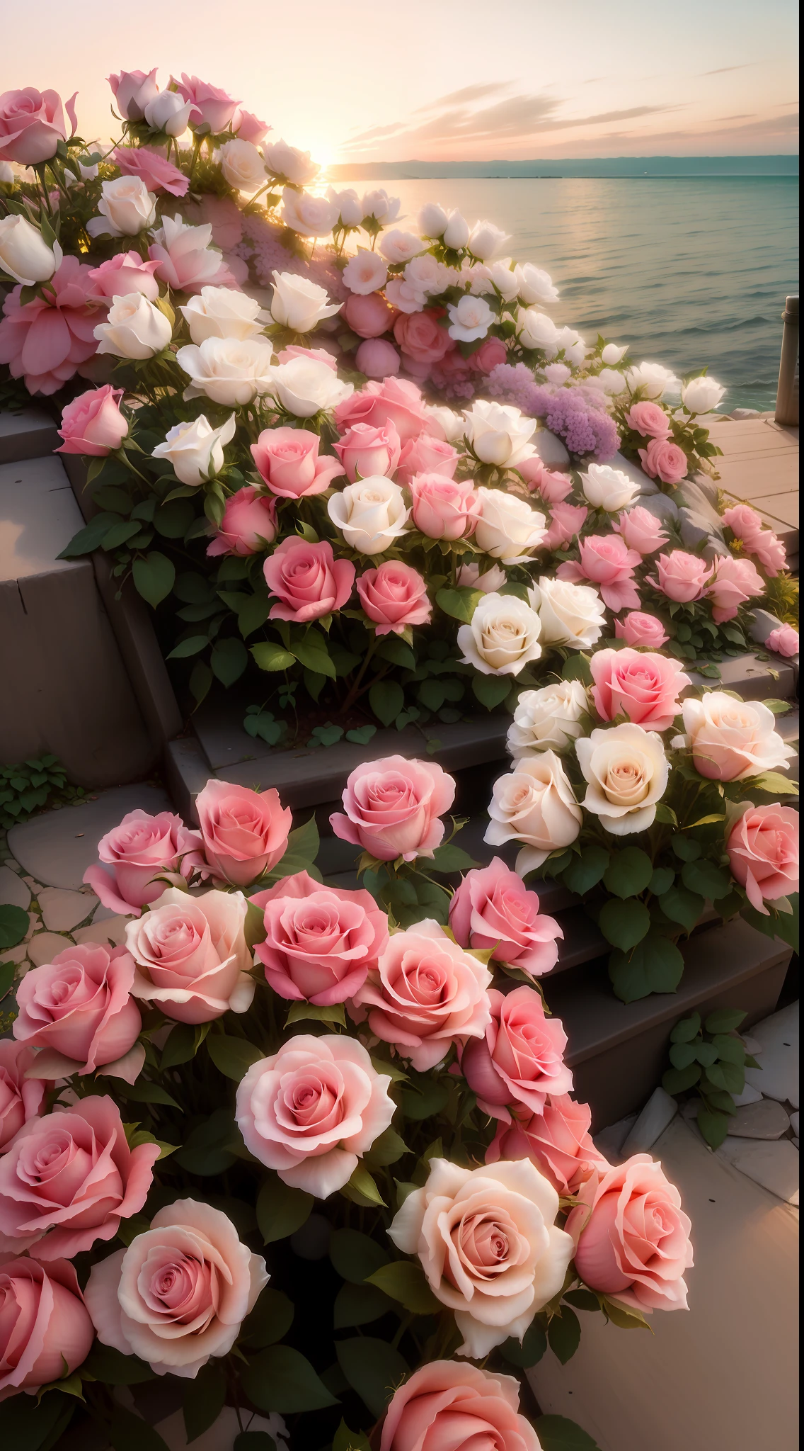 The flowers grow on the steps of buildings near the water's edge, rosses, with frozen flowers around her, beautiful aesthetic, rosette, Beautiful image, Beautiful and aesthetic, beutifull, red roses at the top, Beautiful flowers, roses in cinematic light, big breasts beautiful, with soft pink colors, very very beautiful, Incredibly beautiful, decorative roses, white and pink