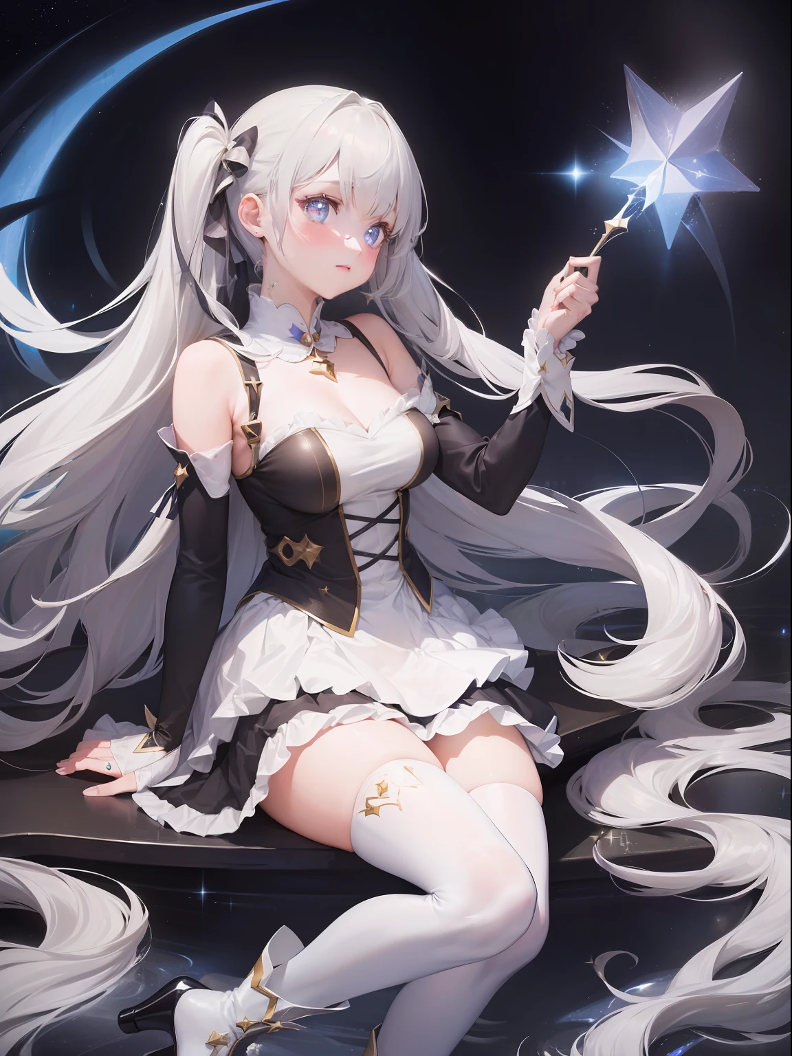 ((magical girl)), ((Gorgeous starry sky background)), ((Ultra-detailed)), ((Best Illustration)), ((Cinematic lighting)), Dynamic Angle, Floating, finely detailed, (glitters:1.2), (Sparkle:1.2), (Shine:1.2), classic, (Painting:1.1), (Sketch:1.1), (Best quality), (Masterpiece:1.2), (Anime style), (Solo), Beautiful detailed face, (Cute face:1.3), (Big eyes:1.3), Colorful hair, (Long hair:1.2), (Floating hair:1.2), (magical girl outfit), detailed outfits, (Sparkling wand:1.3), (Magical effect:1.3), (Flowing skirt:1.2), (Cute boots:1.1), (Transparent fabric:1.1), (Twinkle:1.2), (Glow:1.2), (Radiance:1.2), (Flicker:1.2), (Dazzle:1.2),blackstockings