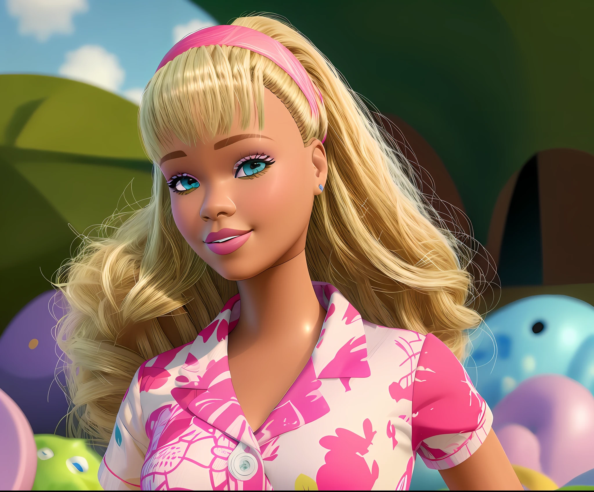 (masterpiece, best quality), highres, (8k, RAW photo, highest quality), (Rihanna como Barbie), (rihanna face:1.2), Rihanna, (blonde hair) , black skin, ultra-realistic, 3d, centered, (TS_Barbie), mid shot, (full body:1.2), a cartoon girl in PINK dress in the style of pixar, (perfect lighting and composition:1),soft lighting, (high detail, 8K resolution:1), hdr:0.7, detailed face, perfect, (dynamic), pose, (high quality:1.2), plastic skin, ((shiny:1.3)), smile, (depth of field:0.8), 50mm, film grain:0.7, fujifilmXT3, focus face, (sad:1.2), looking at viewer, detailed eyes, detailed face, floating particles, beautiful, light makeup, lipstick, (thick waist and thighs:0.6), amazing composition