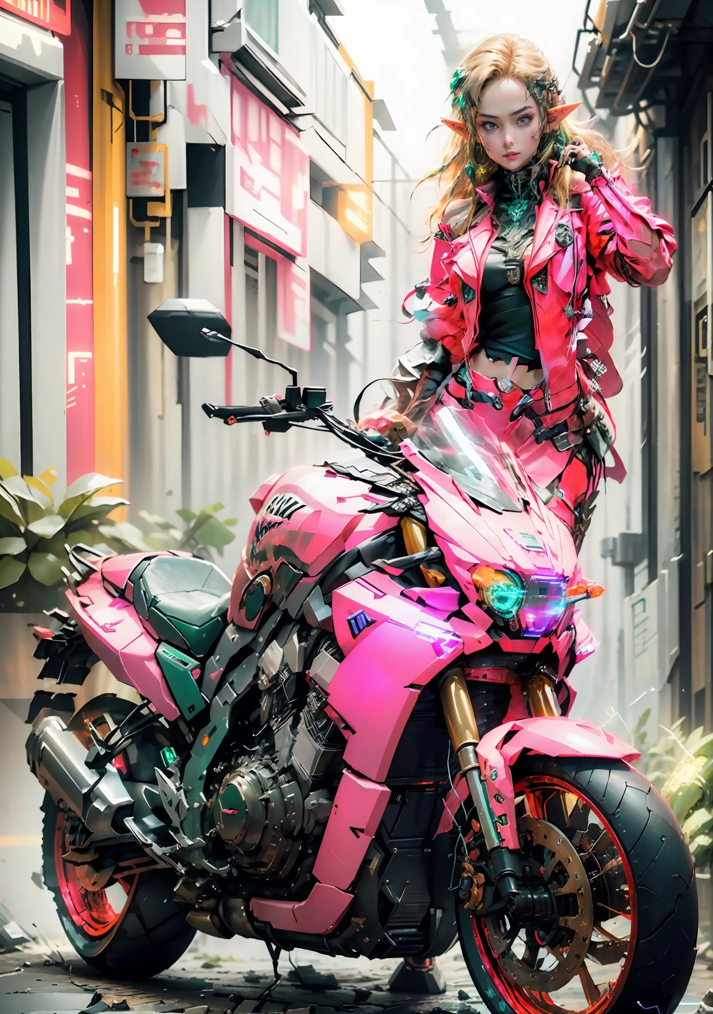 Hyper-detailing,A high resolution,Hyper-detailing,best qualtiy,astounding,top Quority,extremely detailed CG 8k wallpaper unit,cinmatic lighting,Zelda cyberpunk link,cyber punk perssonage,Dark mech girl,green outfit,Green armor,Neon bird,blond hairbl,the elf