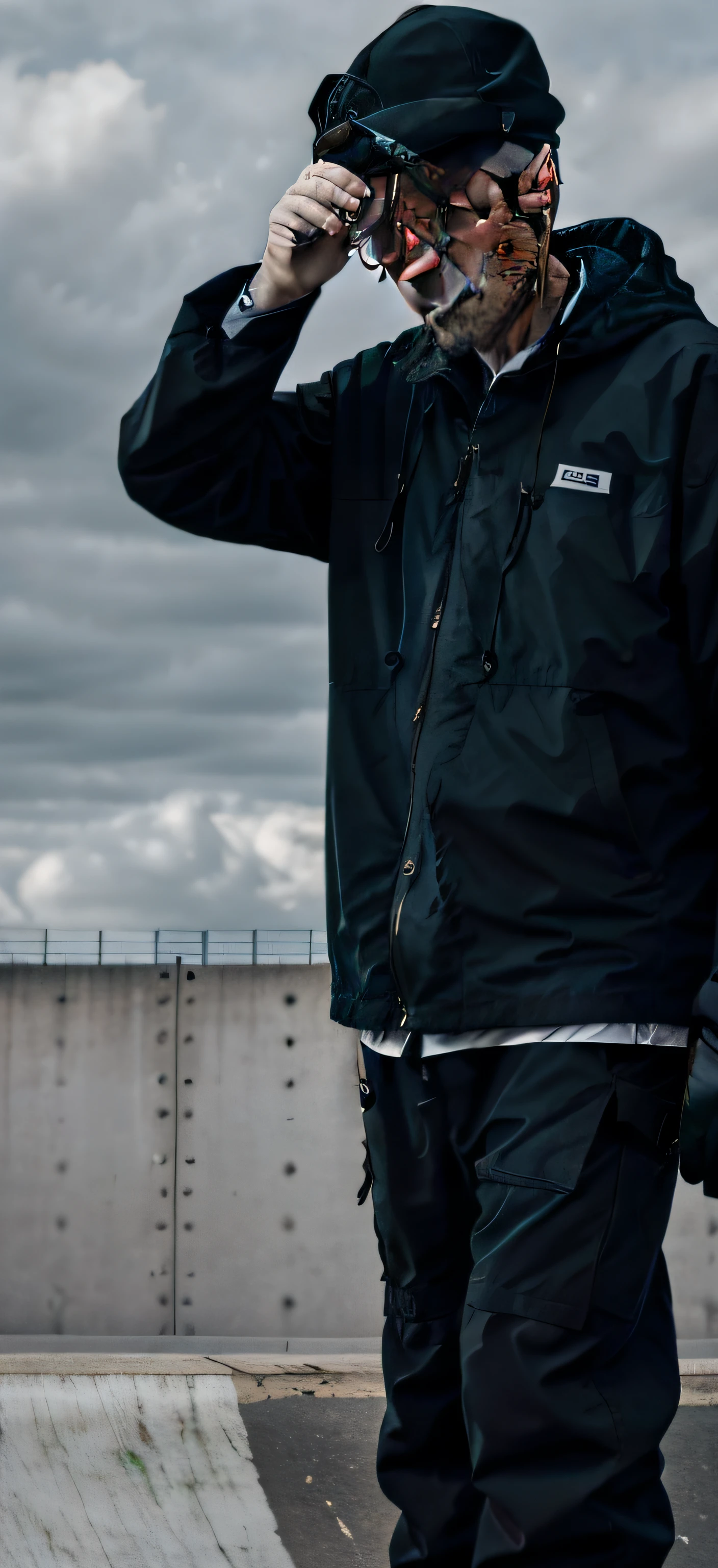 there is a man that is standing on a skateboard in the street, techwear outfits, techwear look and clothes, wearing urban techwear, techwear fashion, wearing space techwear, techwear outfits, Standing on the roof, wearing japanese techwear, Standing on the roof, low quality footage, cloak flittering in the wind, techwear occultist