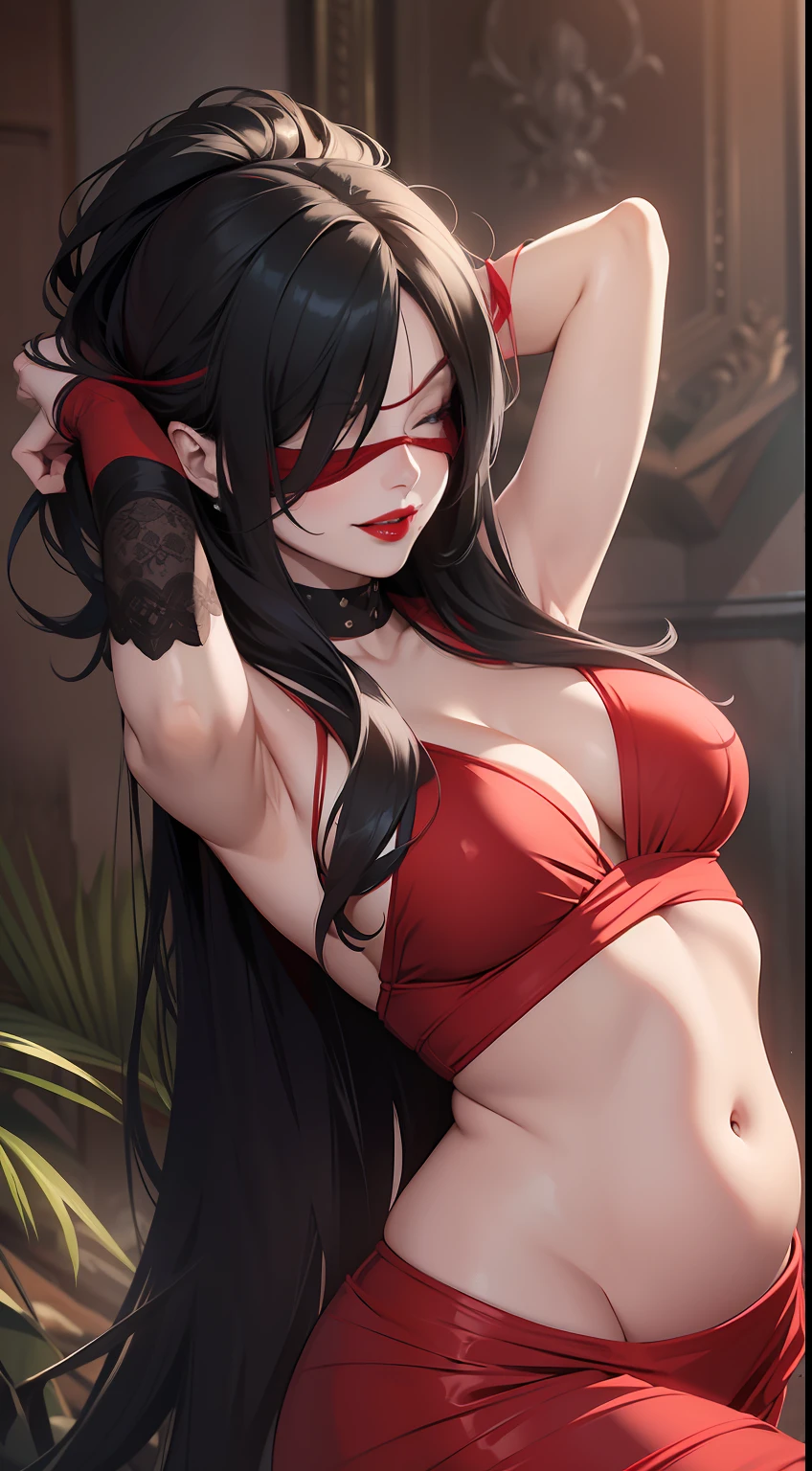 Adult woman, Long black hair, covered eyes, blindfold, Rich red dress, open breasts, open belly, erotic posture, red lipstick, smirk, Masterpiece, hiquality