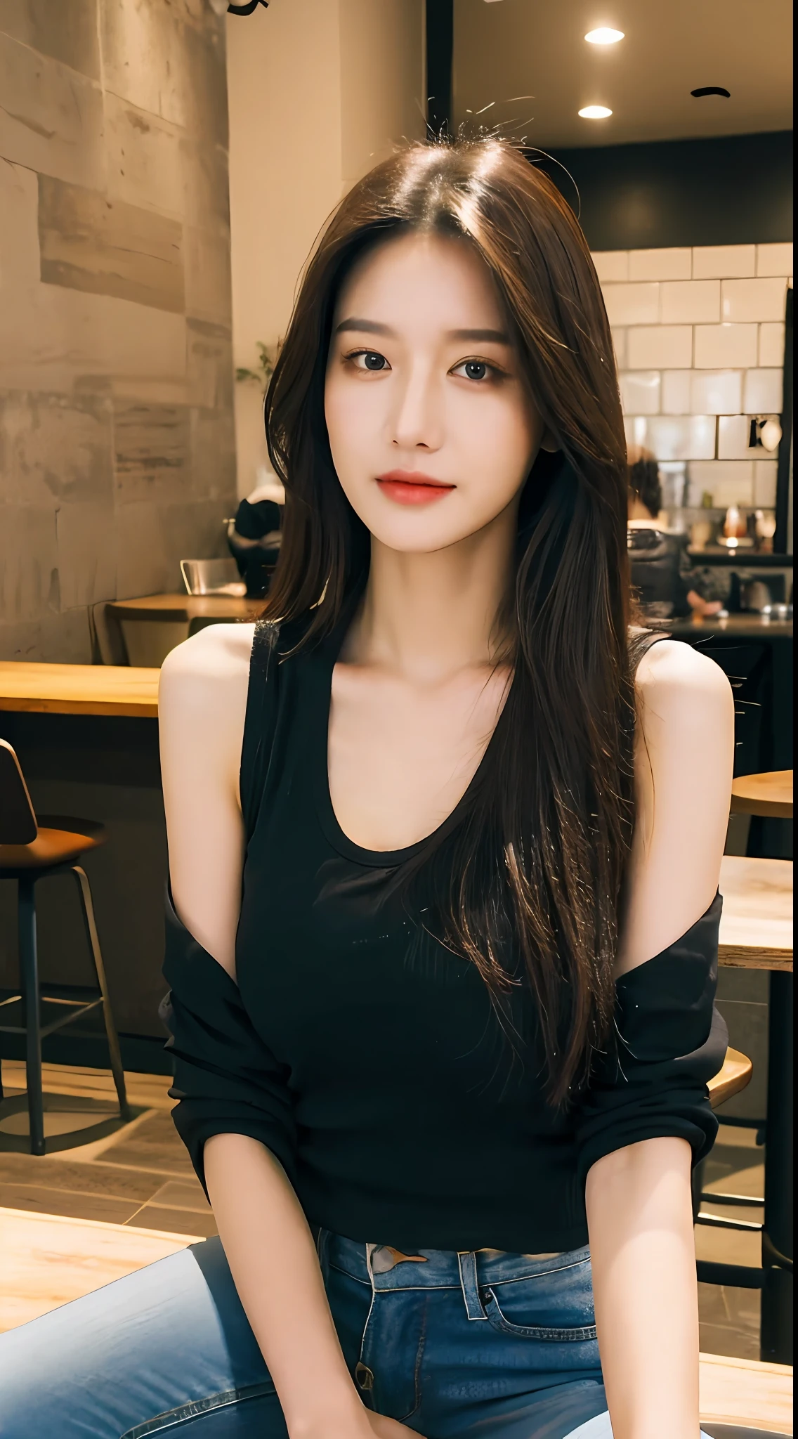 (Realistic, High resolution:1.2), 1 girl, super fine face and eyes, long hair, tight black tank top with black jacket, short jeans, sitting on coffee chair, in café, coffee on table, big breasts