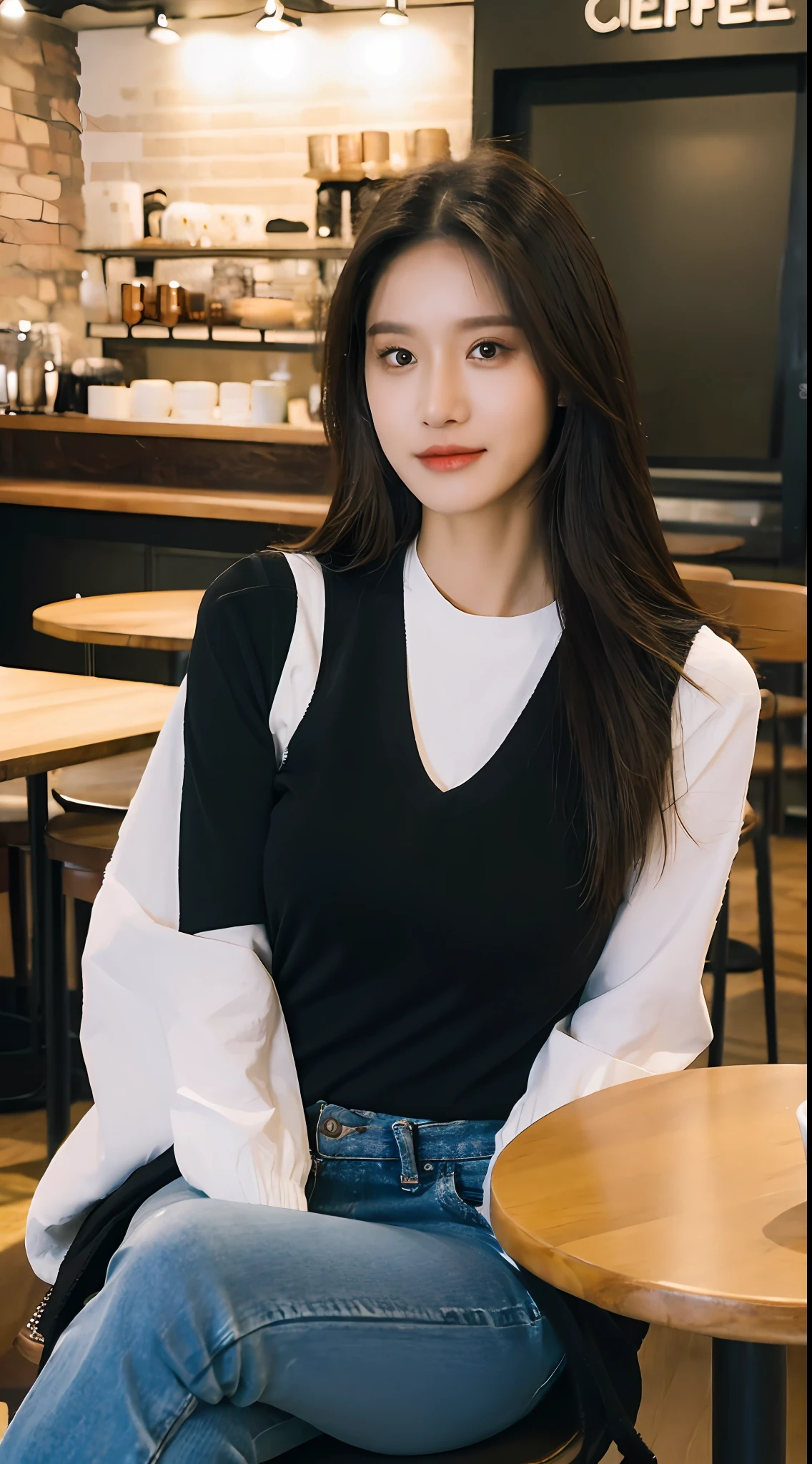 （realisticlying， A high resolution：1.2）， 1 rapariga， Super fine face and eyes，long whitr hair， Skinny black vest with black jacket， short jeans pants， Sit in a coffee chair， in a cafe， Coffee on the table， （（huge tit））