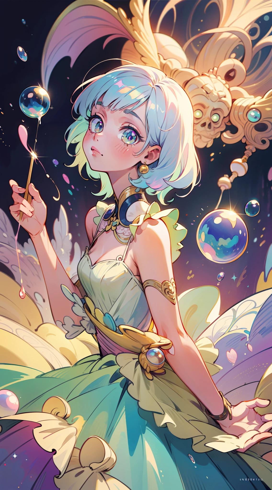 masterpiece, best quality, 8k resolution, sharp focus, intricate detail, beautiful girl, sparkling eyes, golden ratio face, otherworldly liquid, watercolor, ((pastel colors)), bright colors, whimsical, colorful, sharp focus, high resolution, fine detail, ((layered ballgown)), iridescent bubbles