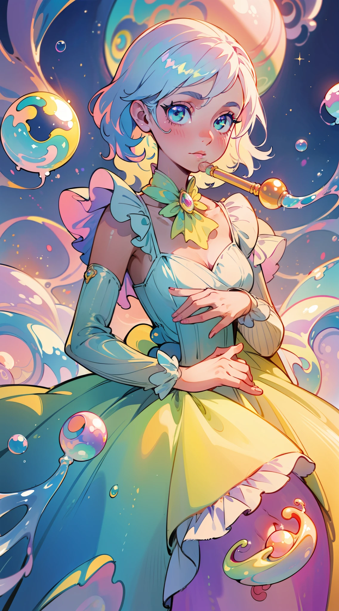 masterpiece, best quality, 8k resolution, sharp focus, intricate detail, beautiful girl, sparkling eyes, golden ratio face, otherworldly liquid, watercolor, ((pastel colors)), bright colors, whimsical, colorful, sharp focus, high resolution, fine detail, ((ballgown made of liquid)), iridescent bubbles