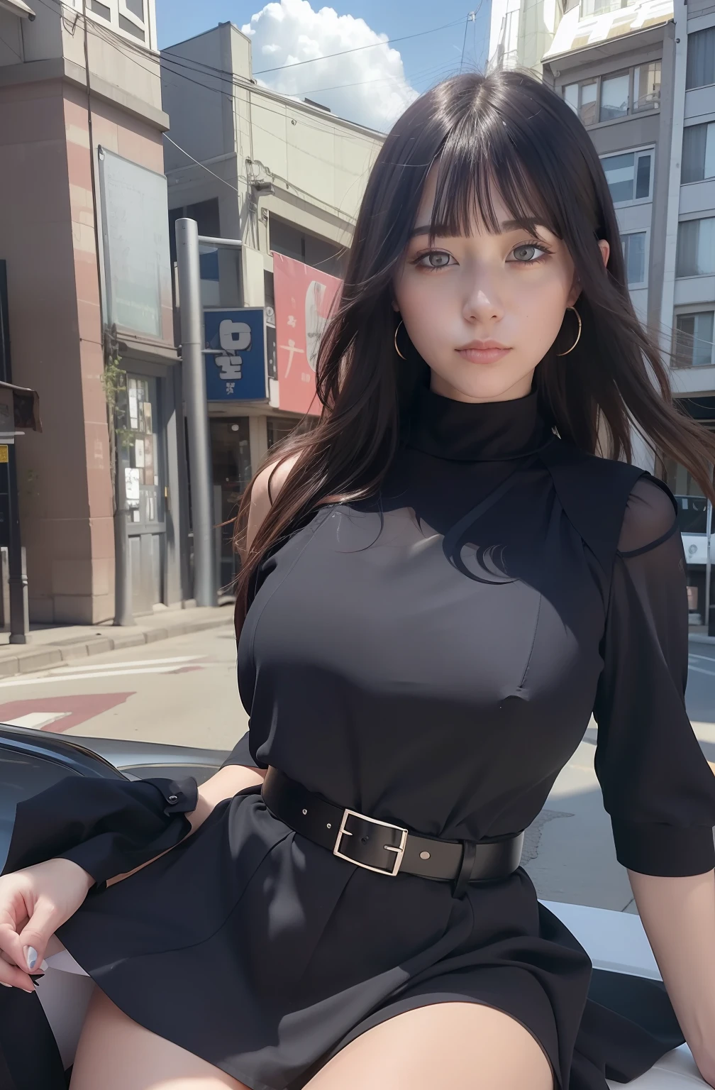 Hinata hyuga A woman wearing a black dress with a belt. Sitting in the street. Her hair was riven. He looked at the camera. Her breasts copied to look so big and round. She looks beautiful and realistic