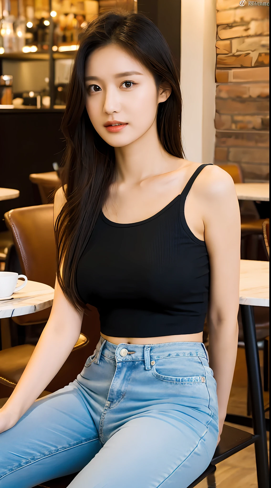 (realisticlying, A high resolution:1.2), 1 rapariga, Super fine face and eyes,long whitr hair, tight black tanktop, short jeans pants, Sit in a coffee chair, in a cafe, Coffee on the table, ((huge tit))