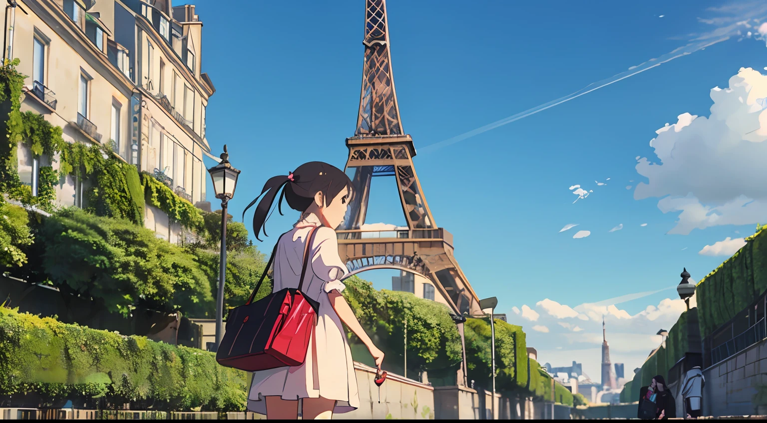 1 de lado, com um vestido florido turquesa e cor de rosa, passeando com seu spitz pomerania laranja. Cenario urbano de paris. Torre eiffel. Estilo ghibli, chihiro.