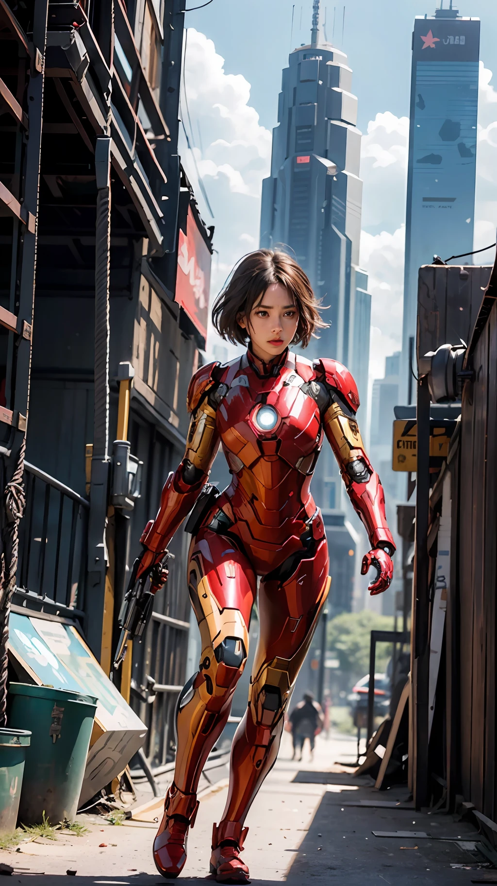 (1girl:1.3), solo,__body-parts__, official art, unity 8k wallpaper, ultra detailed, beautiful and aesthetic, beautiful, masterpiece, best quality, RAW, masterpiece, super fine photo,, best quality, super high Resolution, photorealistic, sunlight, full body portrait, stunningly beautiful,, dynamic pose, delicate face, vibrant eyes, (side view), she is wearing a futuristic Iron Man mech, red and gold, Highly detailed abandoned warehouse background, detailed face, detailed complex busy background, messy, gorgeous, milky, high detailed skin, realistic skin details, visible pores, sharp focus, volumetric fog, 8k uhd, dslr camera, High quality, film grain, fair skin, photorealism, lomography, sprawling metropolis in a futuristic dystopia, view from below, translucent