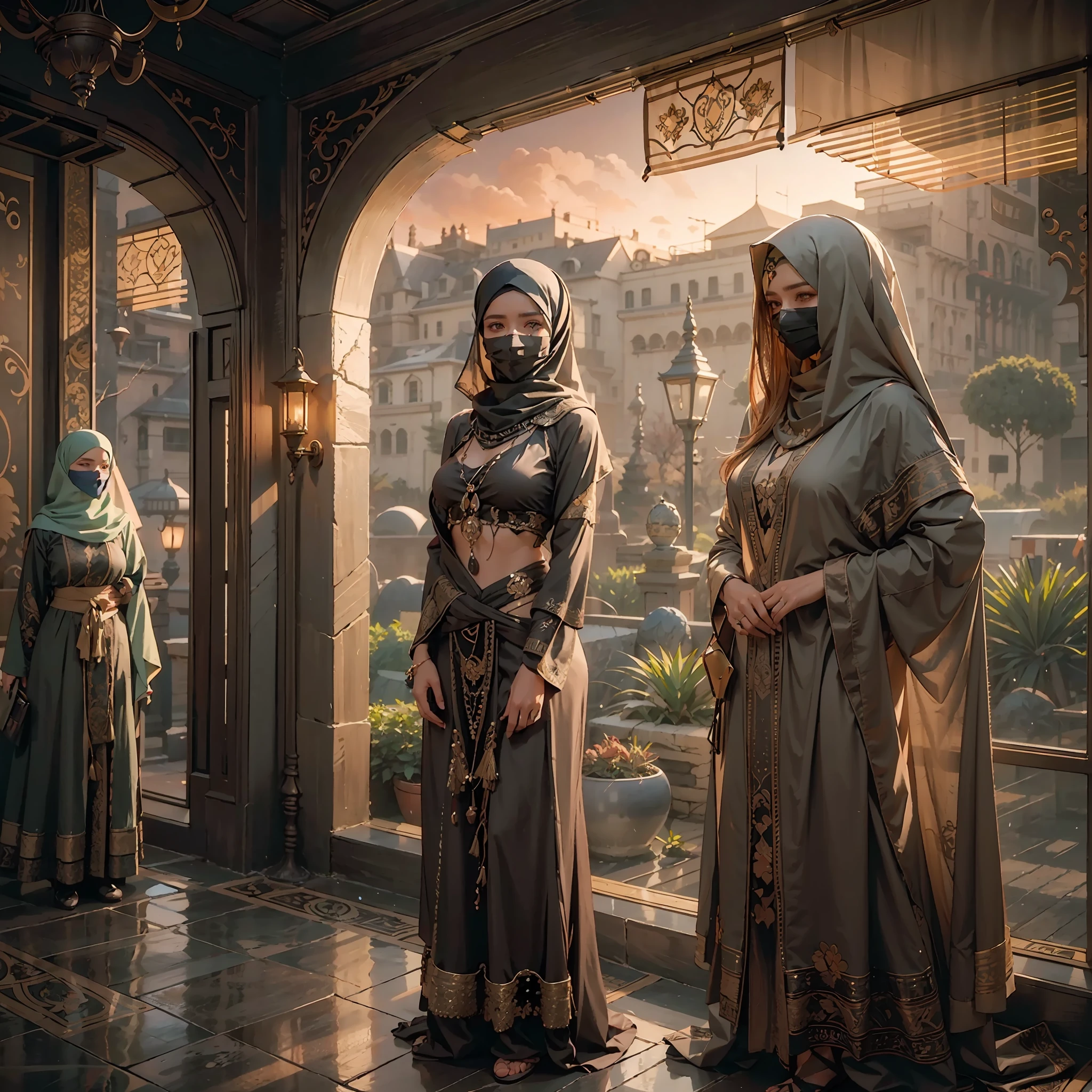 in a panoramic view，photorealestic，Full body like，Cyberpunk Style，3 Arab girls stand in a row，Stand in front of a high-tech Arabian luxury villa，Photo pose，Dressed in a gorgeous gold Arabian high-tech all-envelop burqa（Burqa），Wearing a gold high-tech bandana（hijabi sluty），Black high-tech veil（niqab）masked，Black mask masked，Mask mask，Only the eyes are exposed，High-tech equipment hangs on the body，Sharp eyes，professinal，Meistwick，commissioned，best qualtiy，color corrected，After fixation，Retouching，Improvement，Epic，Tone-mapping，the detail， highly  detailed， digitial painting， art  stations， Conceptual map of the long dam， Smoothness， Sharp focus， Beautiful illustration， photore， The light from the back window is backlighted， 动态照明， Mist， 复杂， cinematic grain， professinal， face to the viewer，（Beautiful m3d_woman， Perfect M3D_face,）， Volumetriclighting， subsurfacescattering， Good highlights， Good shadows，All masked， cinematic ligh
