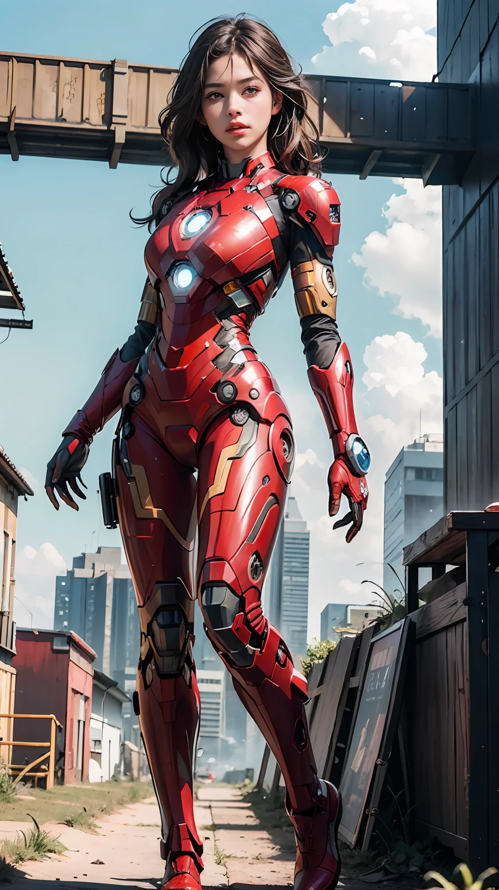 (1girl:1.3), solo,__body-parts__, official art, unity 8k wallpaper, ultra detailed, beautiful and aesthetic, beautiful, masterpiece, best quality, RAW, masterpiece, super fine photo,, best quality, super high Resolution, photorealistic, sunlight, full body portrait, stunningly beautiful,, dynamic pose, delicate face, vibrant eyes, (side view), she is wearing a futuristic Iron Man mech, red and gold, Highly detailed abandoned warehouse background, detailed face, detailed complex busy background, messy, gorgeous, milky, high detailed skin, realistic skin details, visible pores, sharp focus, volumetric fog, 8k uhd, dslr camera, High quality, film grain, fair skin, photorealism, lomography, sprawling metropolis in a futuristic dystopia, view from below, translucent