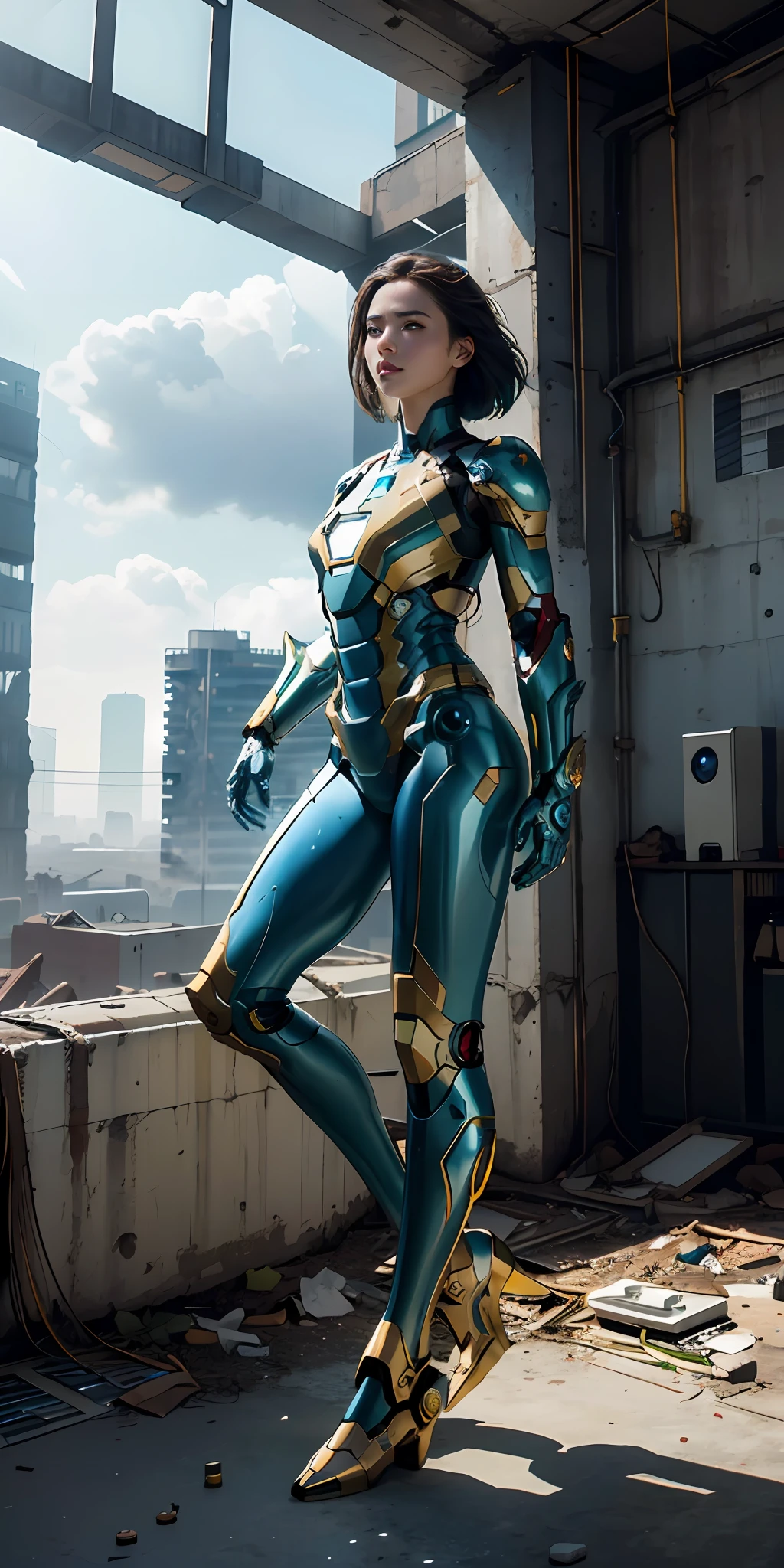 RAW, masterpiece, ultra fine photo,, best quality, ultra high definition, photorealistic, sunlight, full body portrait, stunningly beautiful,, dynamic pose, delicate face, vivid eyes, (side view), she wears futuristic Iron Man mecha, blue and gold yellow and green color scheme, highly detailed abandoned warehouse background, detailed face, detailed and complex busy background, messy and gorgeous, milky white, High Detail Skin, Realistic Skin Details, Visible Pore, Sharp Focus, Volumetric Fog, 8K UHD, DSLR Camera, High Quality, Film Grain, Fair Skin, Photorealism, Lomography, Futuristic Dystopia, Vast Metropolis, View from Below, Translucent