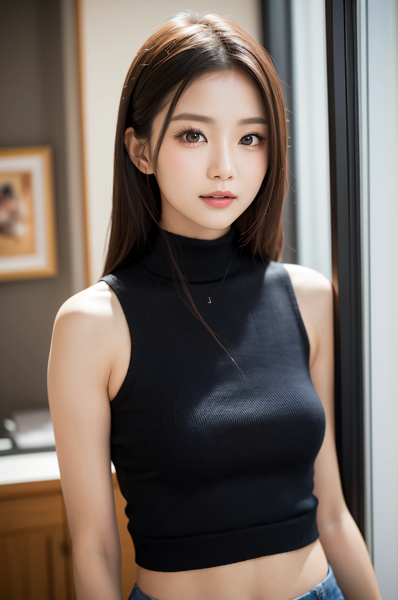((best qualtiy、8k masterpieces:1.3))、foco nítido:1.2、(ultra beautiful faces:1.0)、(shinny skin:1.0)、photos realistic、A dark-haired、Video Lighting、High-definition eyes and face、Video Lighting、(Korean Cute Actress)、from the front side、medium large breasts、ssmile、Sleeveless、Slender Abs Beauty、Wearing a tar neck knit