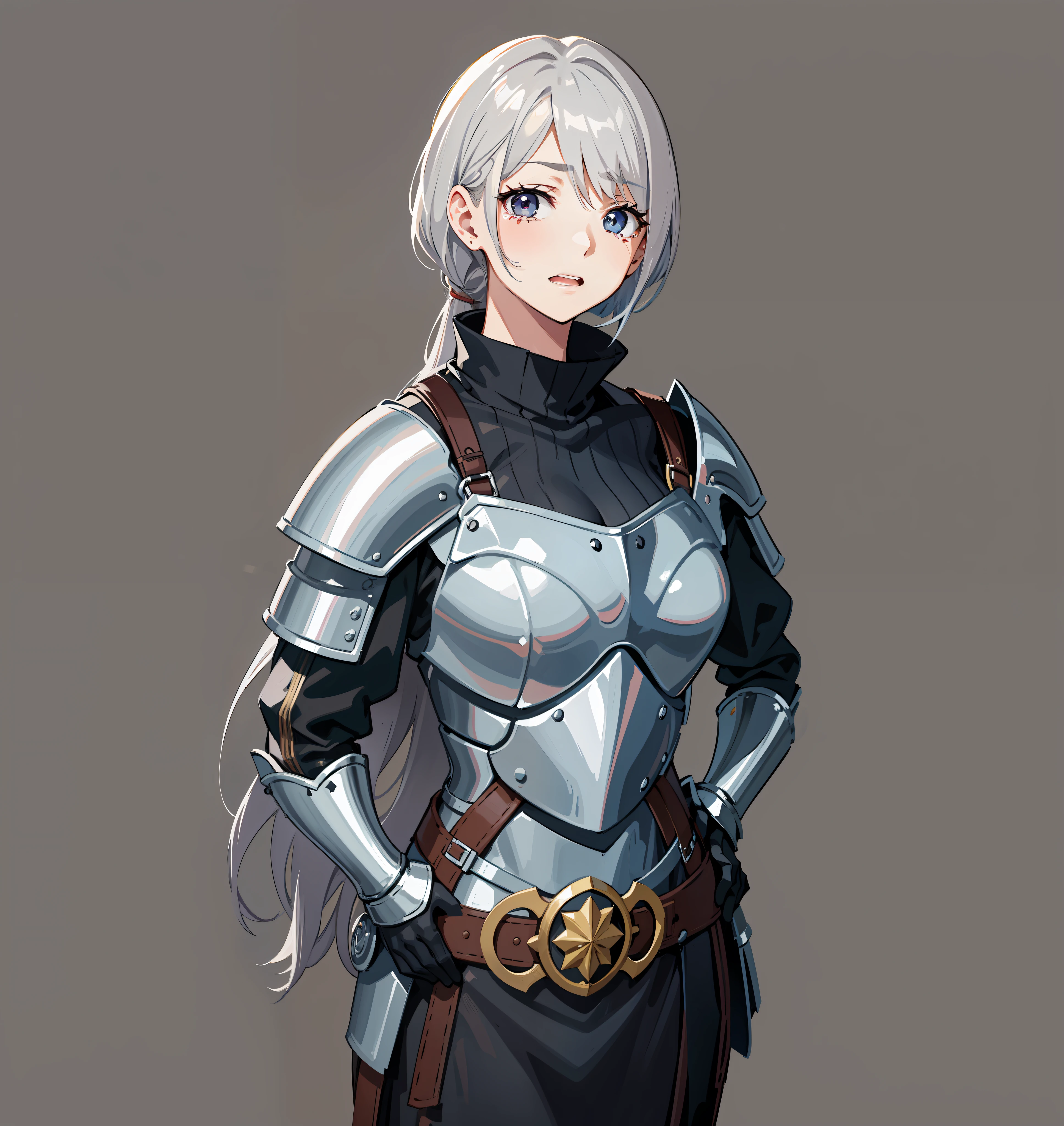 Screenshots of Anime 28-year-old woman with small eyes with ash gray hair color wearing a medieval European knight costume looks at me with a very tired and crying expression、Standing with hands on hips。The body shape is thin。Fine line art 2020s anime