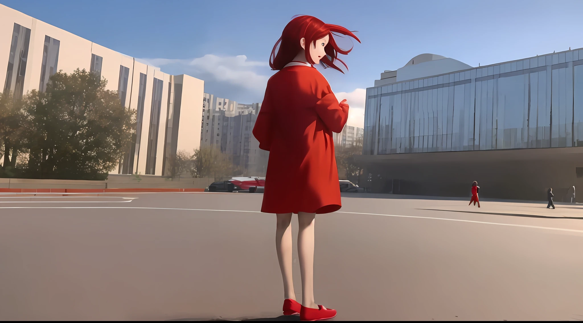 in a panoramic view,Backshot,The back of the girl in red,The proportion of characters is small,Walk into the campus,with blue sky and white clouds,Realistic videography,k hd,photorealestic