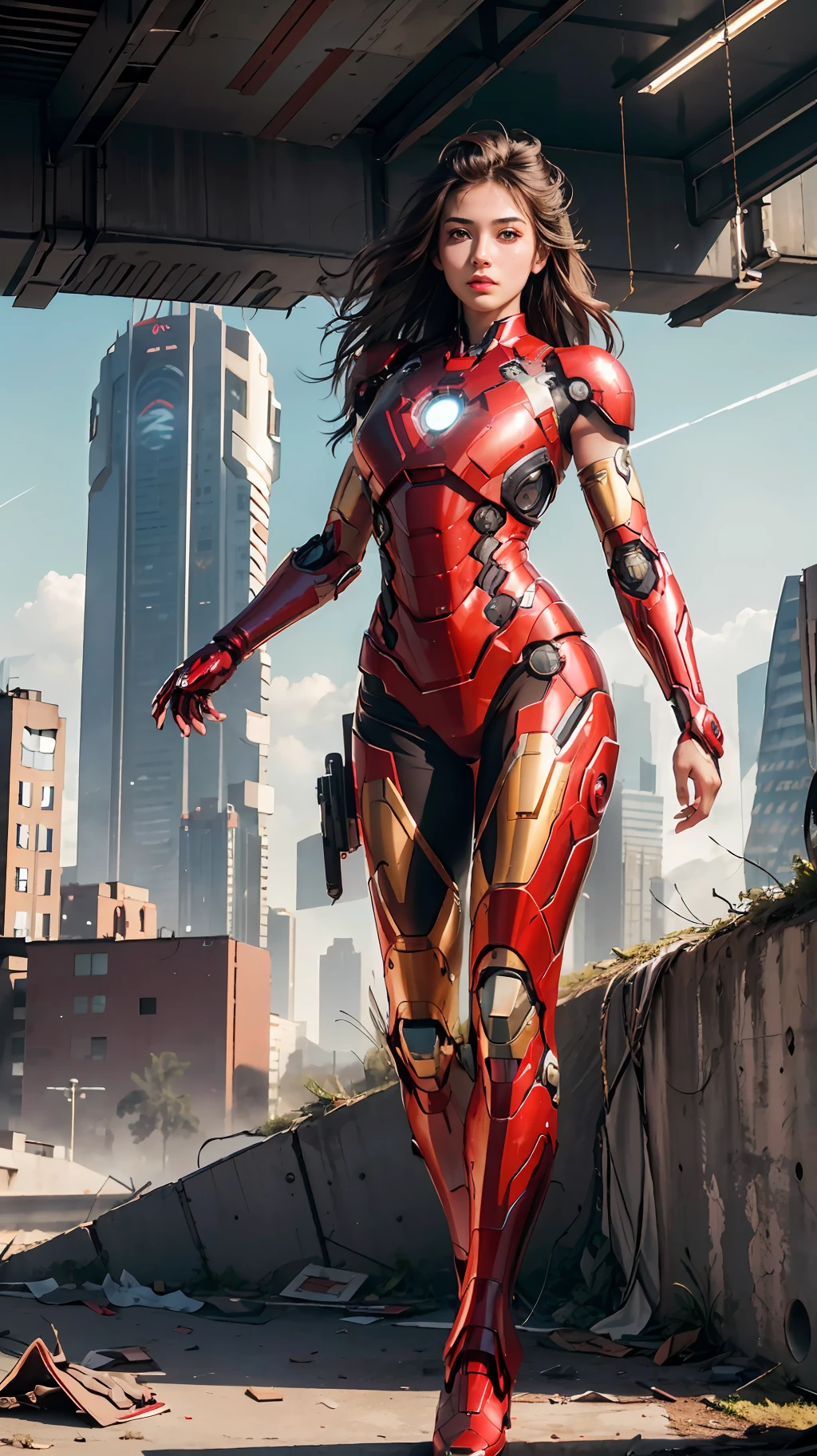 RAW, Masterpiece, Ultra Fine Photo,, Best Quality, Ultra High Resolution, Photorealistic, Sunlight, Full Body Portrait, Stunningly Beautiful,, Dynamic Poses, Delicate Face, Vibrant Eyes, (Side View) , she is wearing a futuristic Iron Man mech, red and gold color scheme, highly detailed abandoned warehouse background, detailed face, detailed and complex busy background, messy, gorgeous, milky white, high detailed skin, realistic skin details, visible pores , sharp focus, volumetric fog, 8k uhd, dslr camera, high quality, film grain, fair skin, photorealism, lomography, sprawling metropolis in futuristic dystopia, view from below, translucent