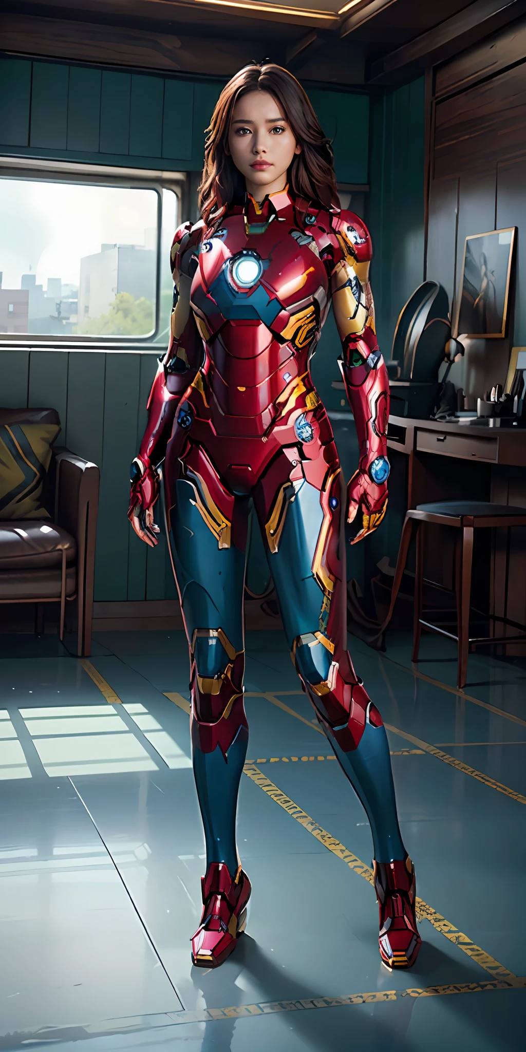 RAW, masterpiece, ultra fine photography,, best quality, ultra high definition, photorealistic, sunlight, full body portrait, stunningly beautiful, combat pose, delicate face, brilliant eyes, (front view,full body), she wears futuristic Iron Man mech, blue and yellow and green color scheme, (Iron Man destroyed on the floor), detailed face, detailed and complex busy background, messy and gorgeous, rich plump breasts, High Detail Skin, Realistic Skin Details, Visible Pore, Sharp Focus, Volumetric Fog, 8K UHD, DSLR Camera, High Quality, Film Grain, Fair Skin, Photorealism, Lomography, View from Below, Translucent