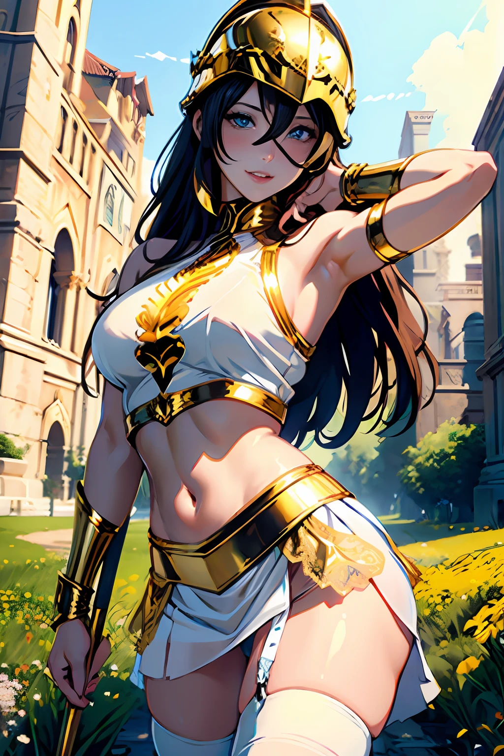 "there are (((beautiful girl 35 years))) (((warrior in golden armor and a Spartan helmet))) (((Transparent white miniskirt, with gold lace))), in a meadow of flowers ((spear)), with a spear, tight T-shirt, fantasy, with brown hair. (( He commented)). Note "even the smallest details of the image, especially the details of the eyes, Emphasizing realism. This official Unreal Art (8k) wallpaper is a beautifully rendered, aesthetic masterpiece of the highest quality. The use of dynamic angles shows the elegance and romanticism of the image. This character has large breasts, ((No panties))". Stockings, tight transparent silk, Super thin clothes, ((Commented )), ((visible exposed )) Visible navel, legs open, Erotic lingerie (Commented ) ((Transparent silk miniskirt)) ((blushing)) ((happy)) ((big breasts)) erotic pose.