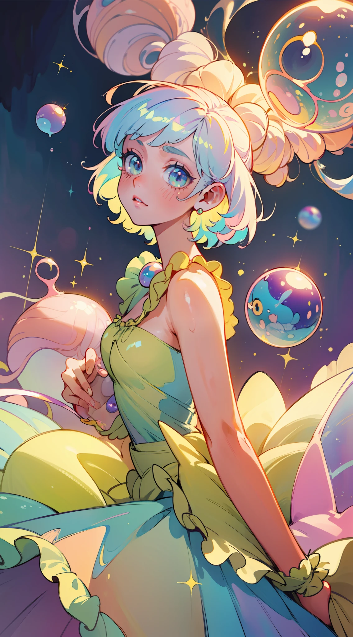 masterpiece, best quality, 8k resolution, sharp focus, intricate detail, beautiful girl, sparkling eyes, golden ratio face, otherworldly liquid, watercolor, ((pastel colors)), bright colors, whimsical, colorful, sharp focus, high resolution, fine detail, ((layered ballgown)), iridescent bubbles